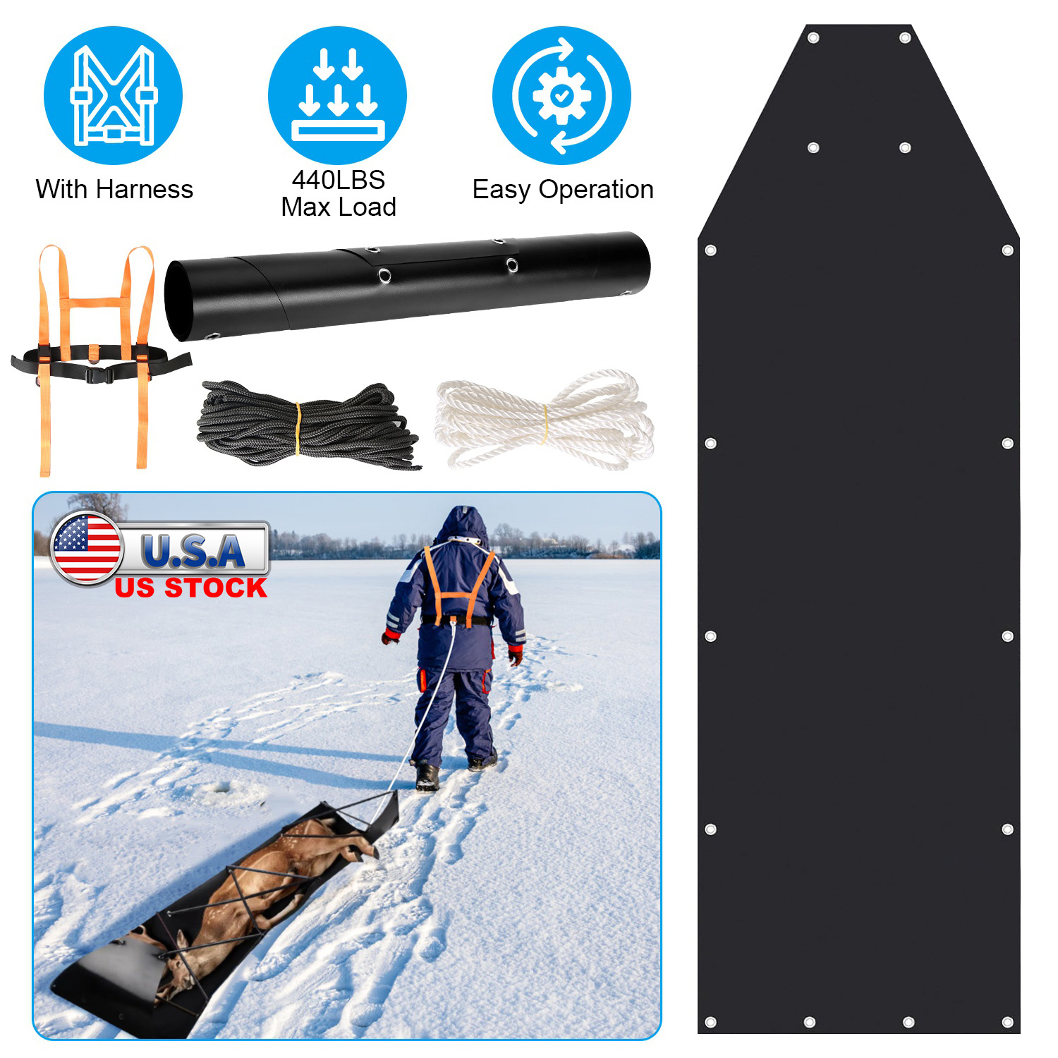 Deer Drag Sled With Dragging Harness Deer Cart Game Hauler Snow Sledding Pad Hunting Gear Supplies With 32.8FT Black Rope 16.1FT White Rope For Hunting Ice Fishing Hauling Fire Wood — imagen 1