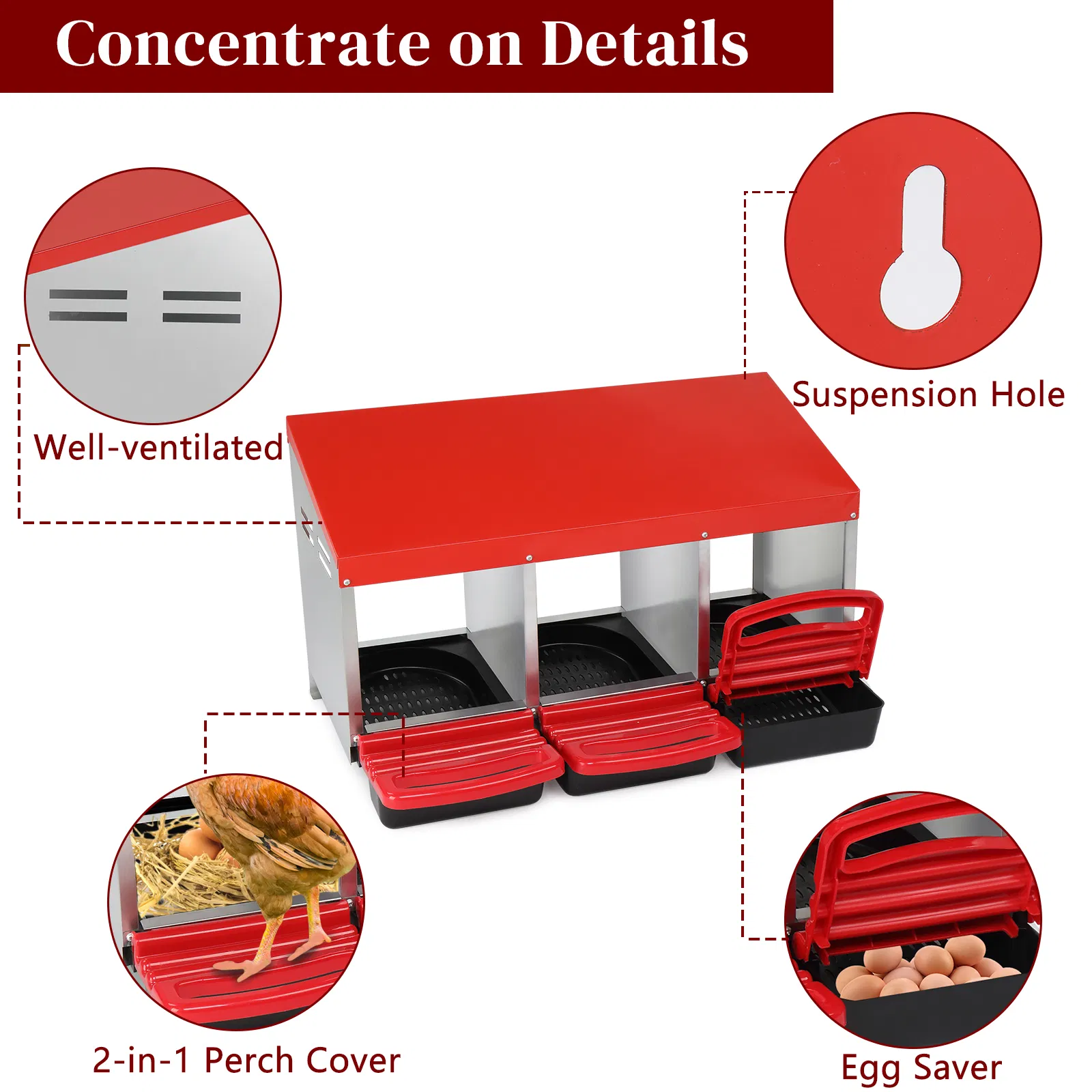 3 Compartment Roll Out Chicken Nesting Box with Plastic Basket, Egg Nest Box Chicken Laying Box Hens Chicken Coop Box, Red — imagen 8