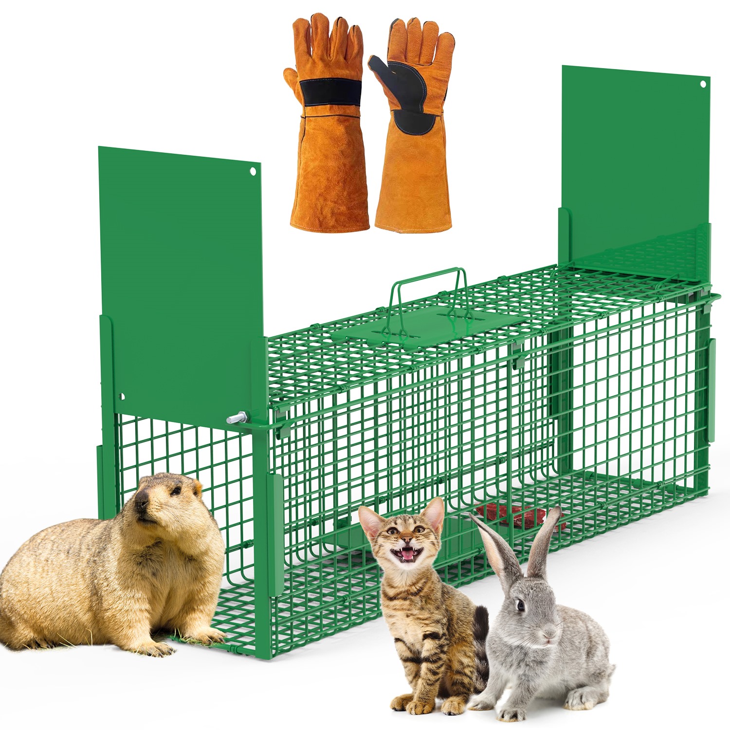 Jaula Trampa para Animales Vivos de 32 Pulgadas con 2 Puertas y Guante, Verde, para Animales de Menos de 12LBS, Fácil de Instalar, Trampa Humanitaria de Hierro Galvanizado para Conejos, Marmotas, Zorrillos, Zarigüeyas, Nutrias y Gatos Callejeros — imagen 2