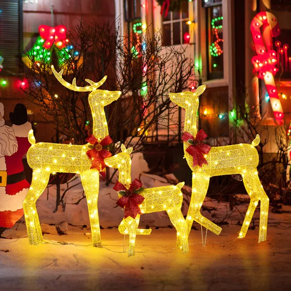 Set de 3 Piezas de Renos Navideños Iluminados para Decoración Exterior, Familia de Ciervos 2D Resistente a la Intemperie, Decoración Navideña con 200 Luces LED Blancas Cálidas Preinstaladas y Estacas, Dorado — imagen 16