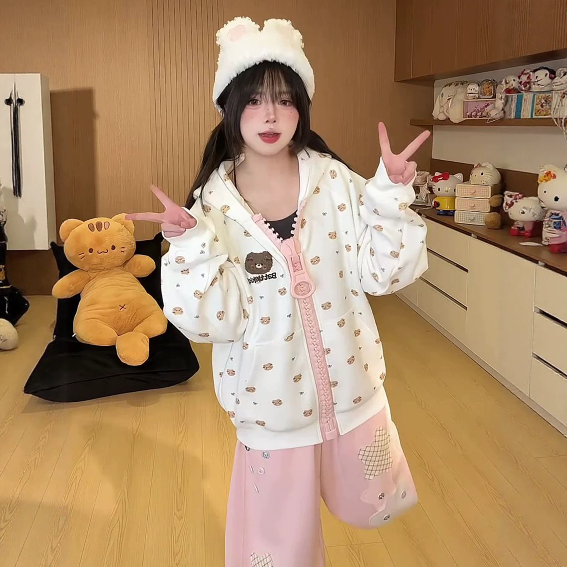 Cute Bear Print Zip-Up Hoodie for Women, Casual Hooded Cardigan Jacket — image 7