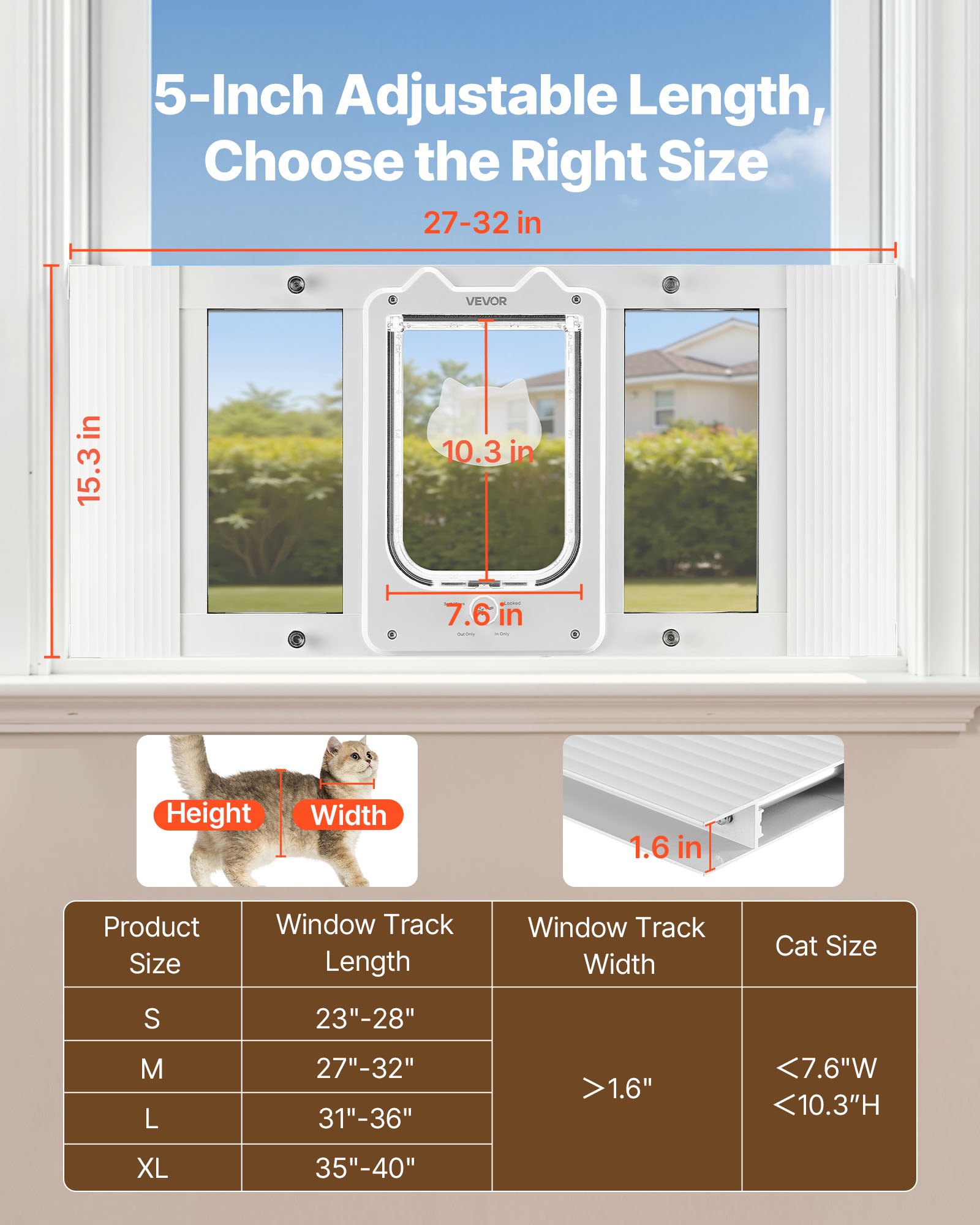 Puerta para Gatos en la Ventana, Ajustable 27"-32", 4 Modos de Bloqueo Seguros, Estructura de Aluminio y Vidrio de Alta Transparencia, Cierre Magnético, Puerta Rápida para Perros que Funciona con Viento, Blanco — imagen 2