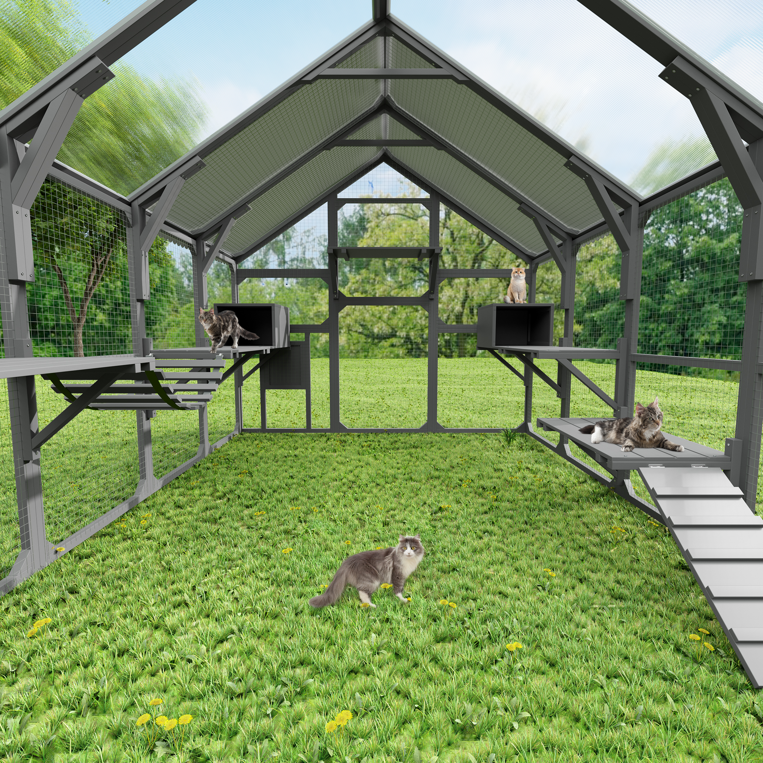 Catio Grande para Gatos Múltiples al Aire Libre - Casa de Madera con 7 Plataformas y Accesorios para Mascotas Seguras — imagen 4