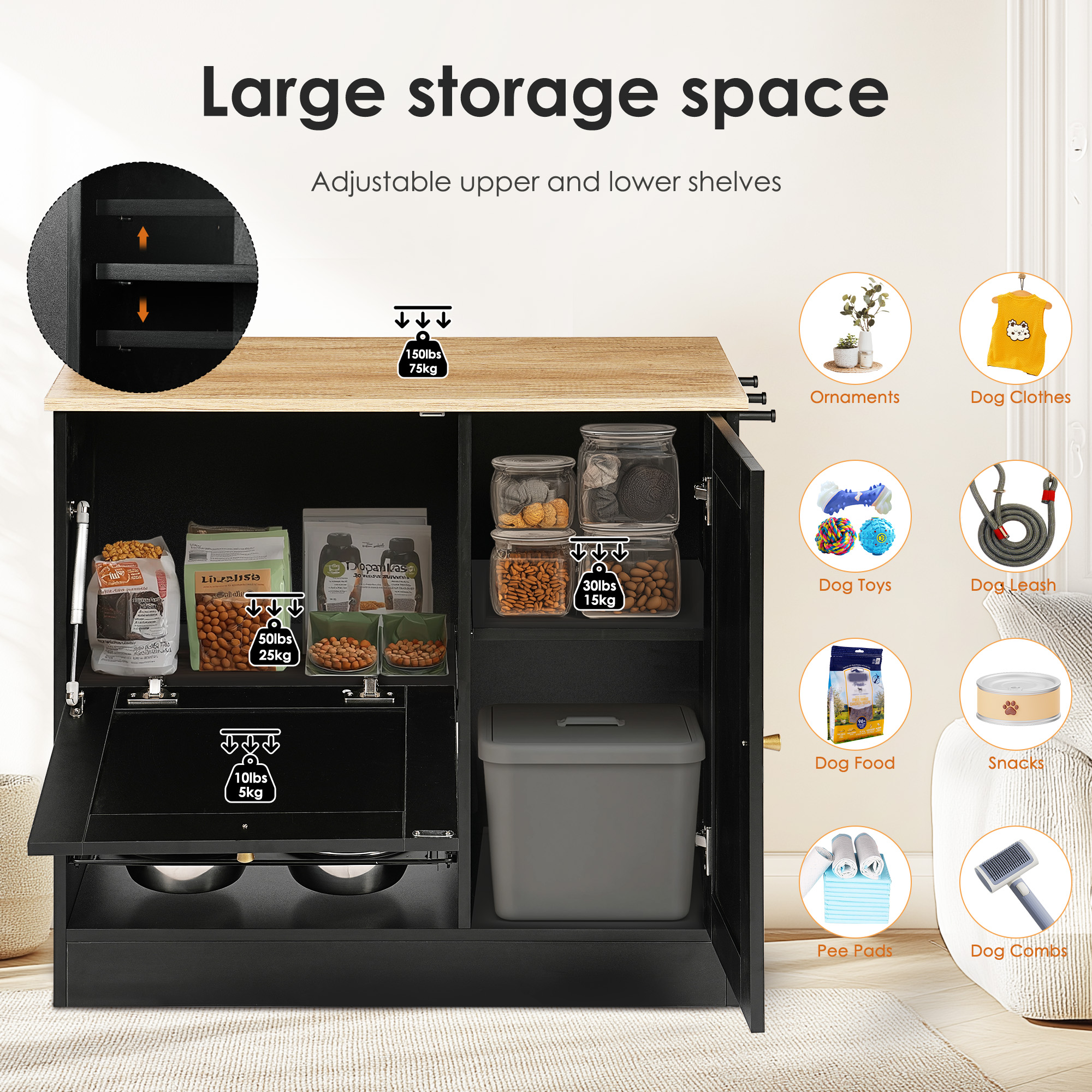 Feeding station with 2 lockers, pet feeding station with 2 elevated dog bowls, side hooks, anti-tipping kit, hidden pet feeding station for feeding and watering, rattan door, black — image 14