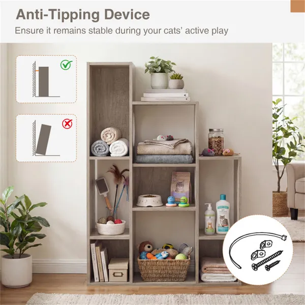 Librería para Gatos en Gray Oak, 8 Secciones de Almacenamiento Organizado y Plataformas de Escalada Múltiples — imagen 2