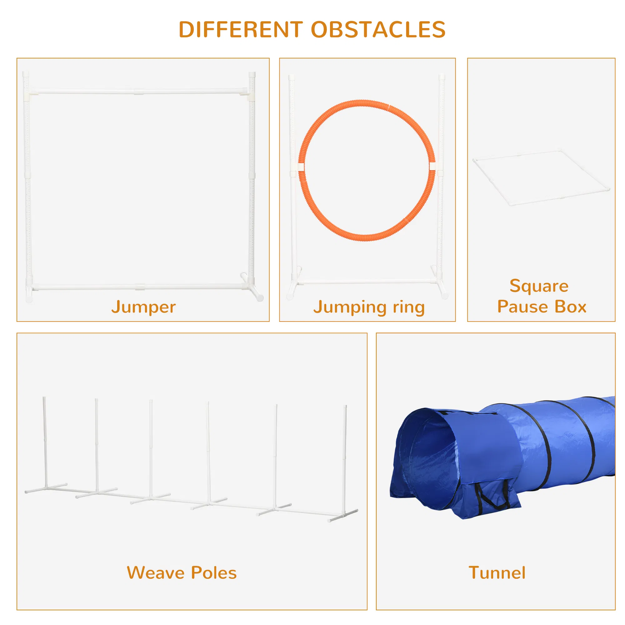5Pcs Dog Agility Training Equipment with 8.7KG Net Weight, Pet Agility Set with Tunnels, Adjustable Jump Ring, Jumper, Weave Poles, Square Pause Box, Carrying Bag, Whistle — image 4