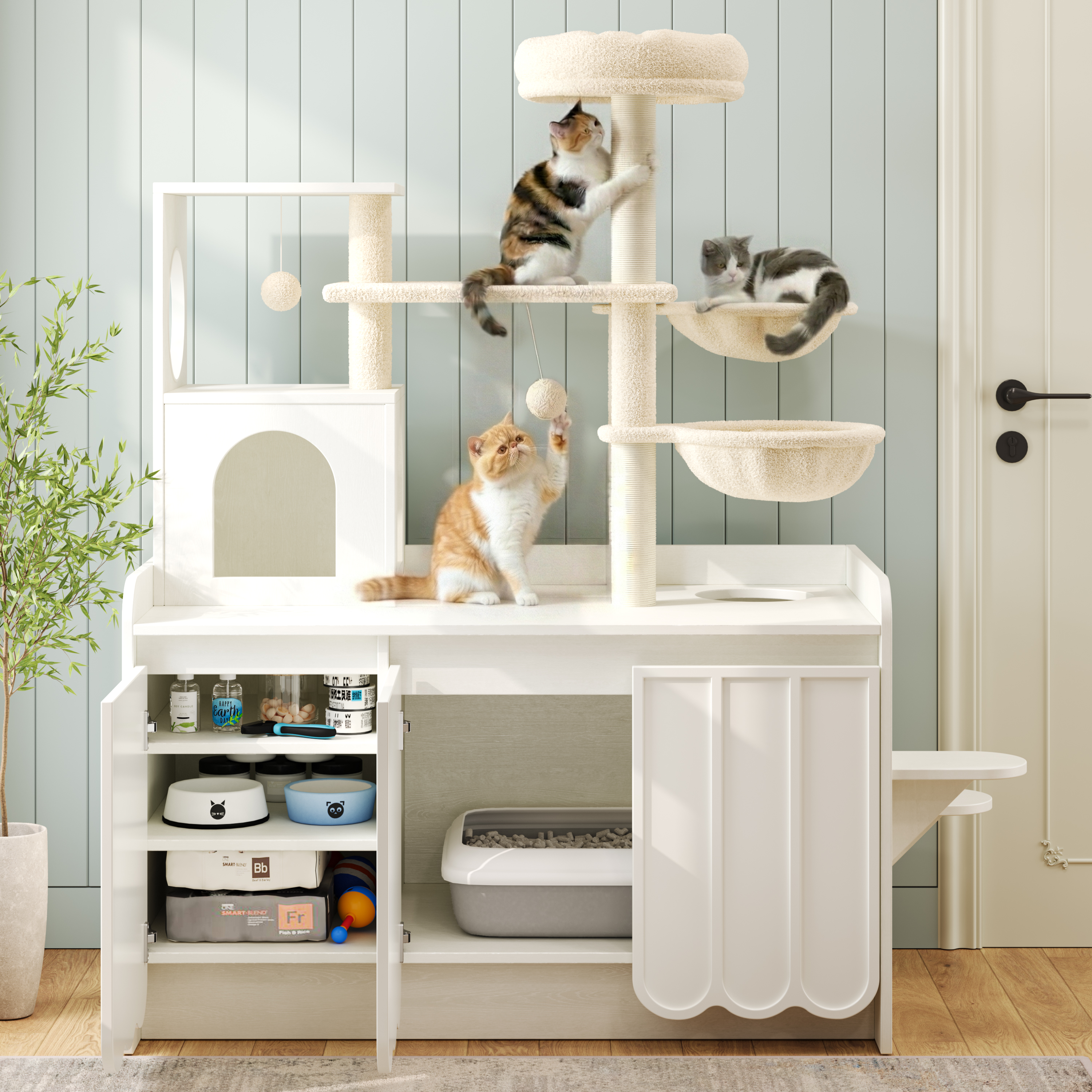 Rascador para Gatos de 50.6" con Cubierta para Caja de Arena, Torre para 5 Gatos con Poste Rascador de Sisal y Espacio de Almacenamiento, Mueble con Caja de Arena Oculta, Condominio Moderno Todo en Uno con Casa, Hamaca y Percha, Blanco — imagen 4