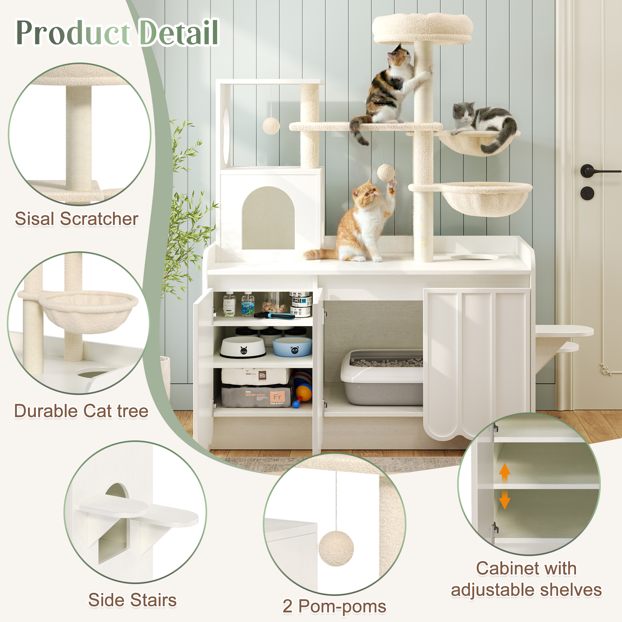 Rascador para Gatos de 50.6" con Cubierta para Caja de Arena, Torre para 5 Gatos con Poste Rascador de Sisal y Espacio de Almacenamiento, Mueble con Caja de Arena Oculta, Condominio Moderno Todo en Uno con Casa, Hamaca y Percha, Blanco — imagen 5