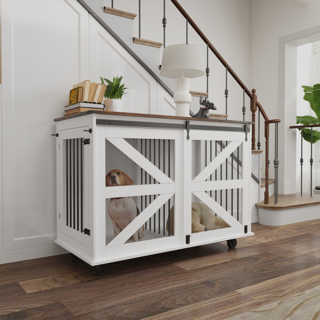47.2 Mobile Dog Crate With Flip-Top Feeding Door, Dual-Access & 5 Caster System 2 Locking, Side Hooks - Multi-Functional Pet Kennel, double Dog Crate Furniture — image 18