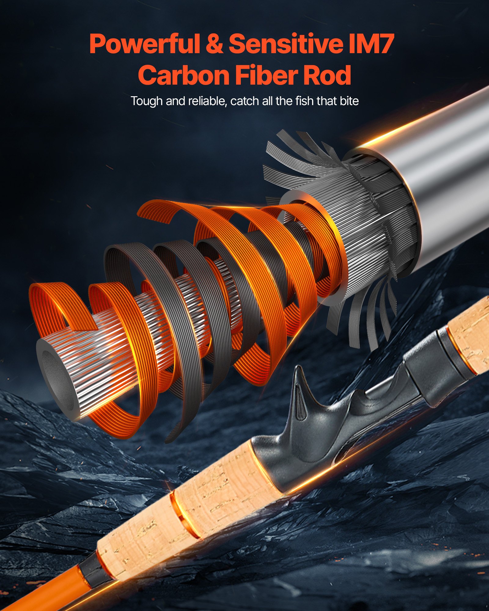 Rod And Fishing Reel Combo, IM7 Carbon Fiber Baitcasting Rod And Reel Combo, Bass Fishing Pole With 7+1 BB System, 7.0:1 Gear Ratio, Cork Handle, Stainless Steel Guides With Ceramic Rings — image 5