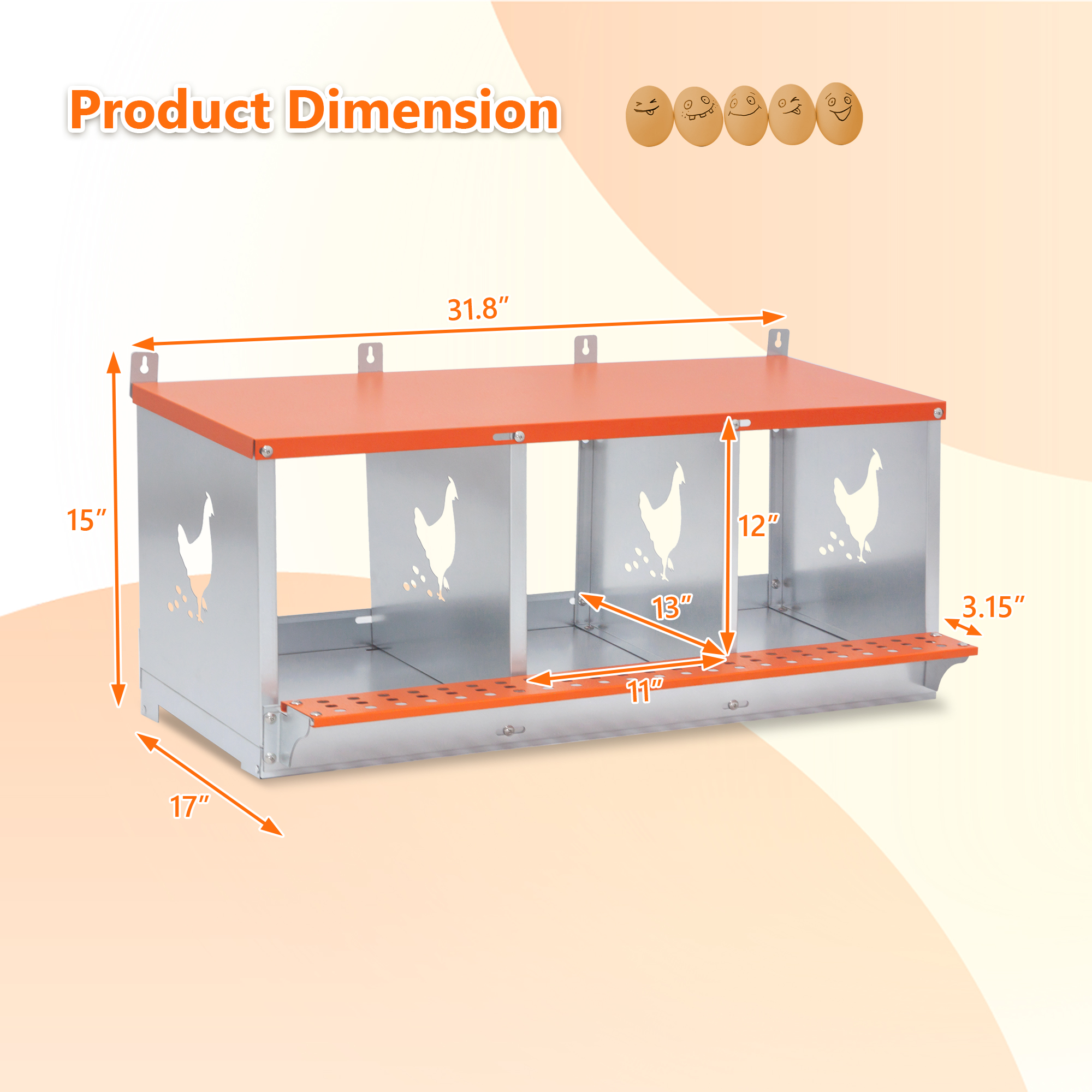 Nido Metálico de 3 Compartimentos para Montaje en Pared, para Gallinas y Patos, Fácil Recolección de Huevos, Equipo de Gallinero de Acero Galvanizado Ventilado, Naranja — imagen 4