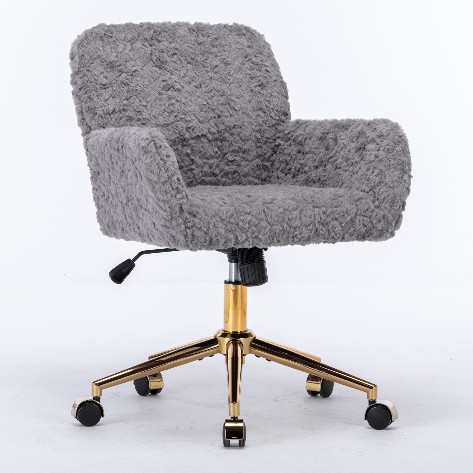 Silla de Oficina AA Furniture, Silla de Oficina en Casa con Pelo Sintético de Conejo y Base Metálica Dorada, Silla de Escritorio Giratoria Ajustable, Silla Tocador Gris — imagen 3