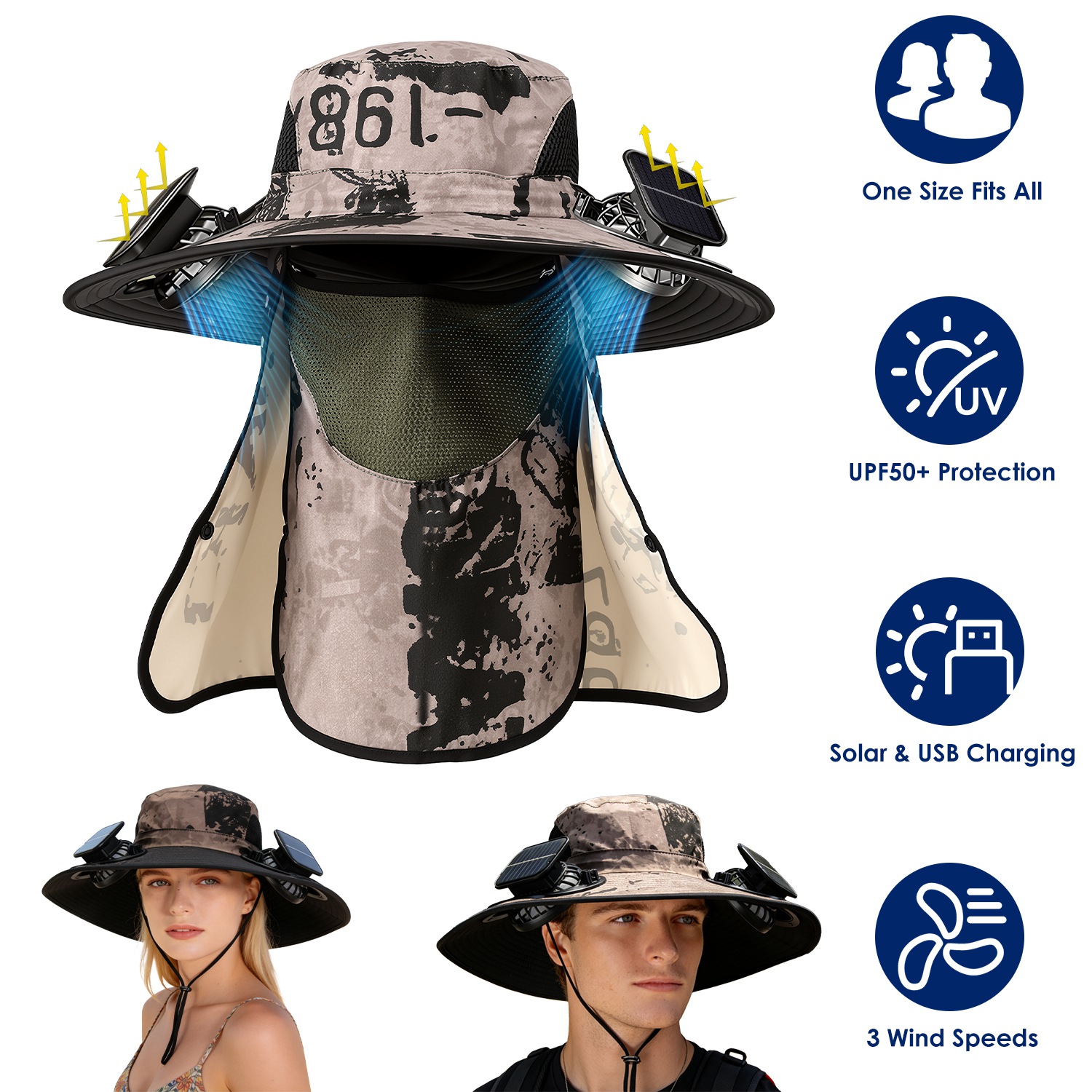 Sombrero con Ventilador Solar 2 en 1 UPF50 Sombrero para el Sol con Ventiladores, Sombrero de Pesca de Ala Ancha con Cubrecara y Protector de Cuello, Carga USB Solar Para Senderismo, Jardinería, Trabajo al Aire Libre — imagen 25