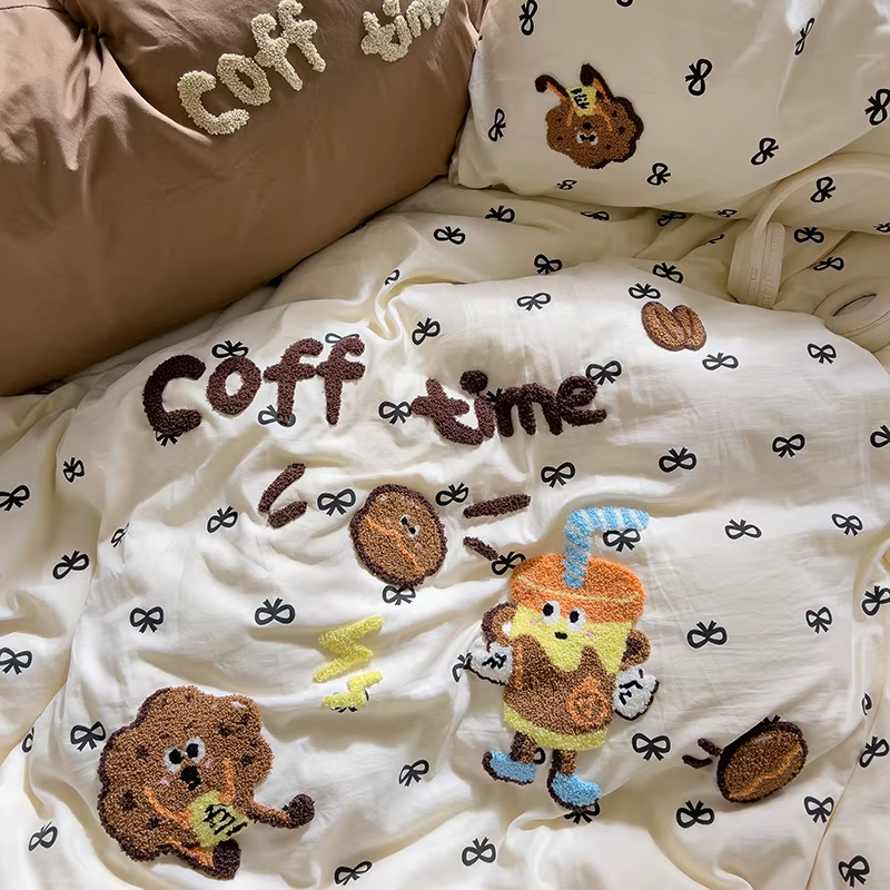 Cartoon Animal Embroidery Bedding Set For Adults Kids Cute Flat Fitted Sheet With Pillowcases Washed Cotton Colorful Full Size — image 5