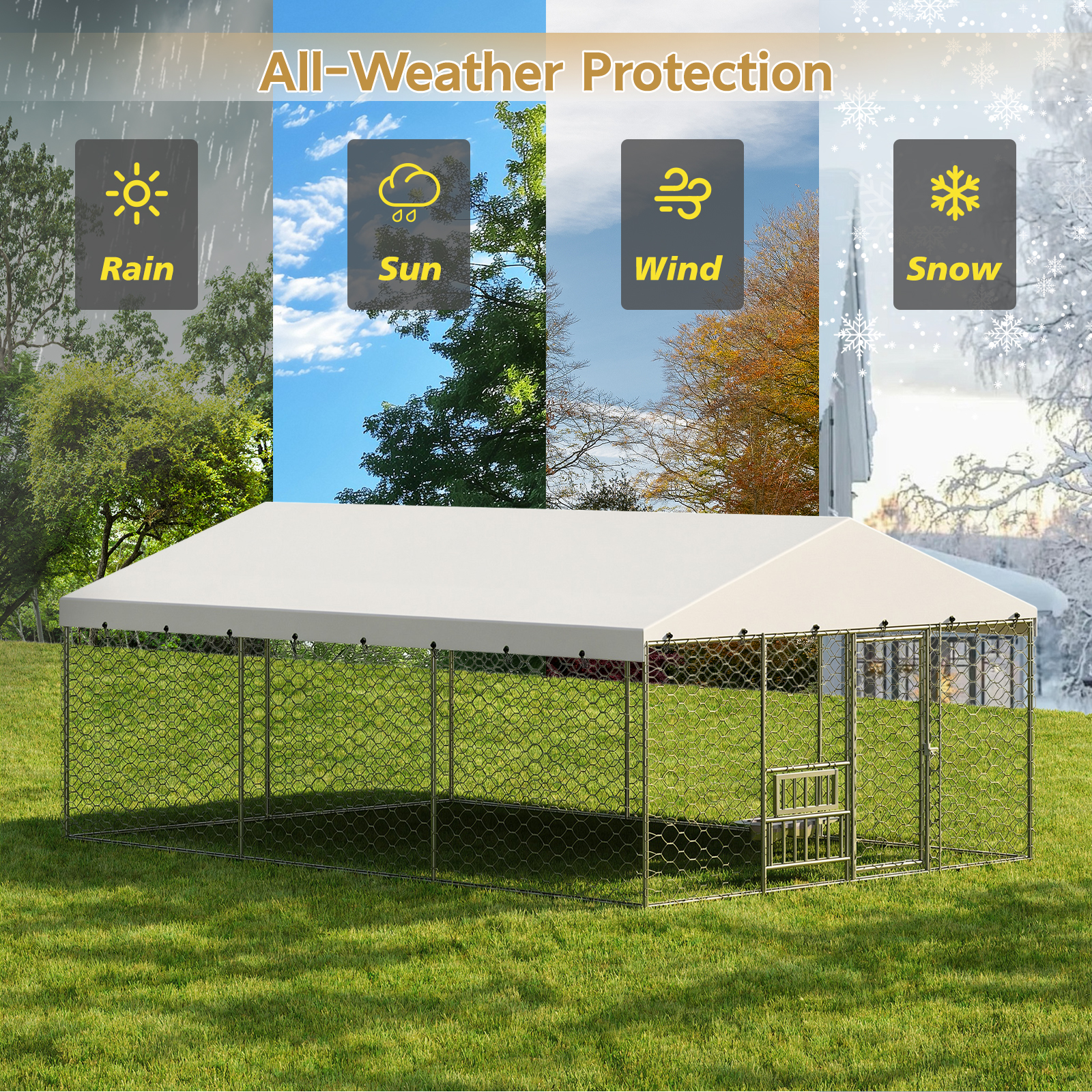 Jaula al aire libre grande para perros con techo, estructura de acero galvanizado resistente, cubierta impermeable, platos de alimentación elevados integrados, jaula de juego segura y cerrada para perros grandes y múltiples animales — imagen 11
