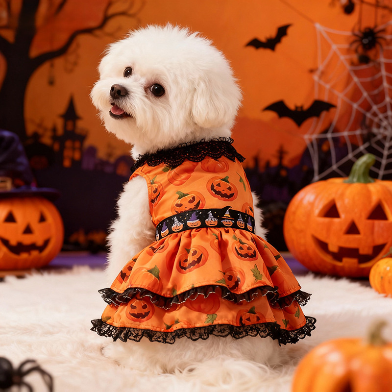 New Halloween Pet Dog Clothes for Medium and Small Dogs, Pumpkin Lace Dress — image 4