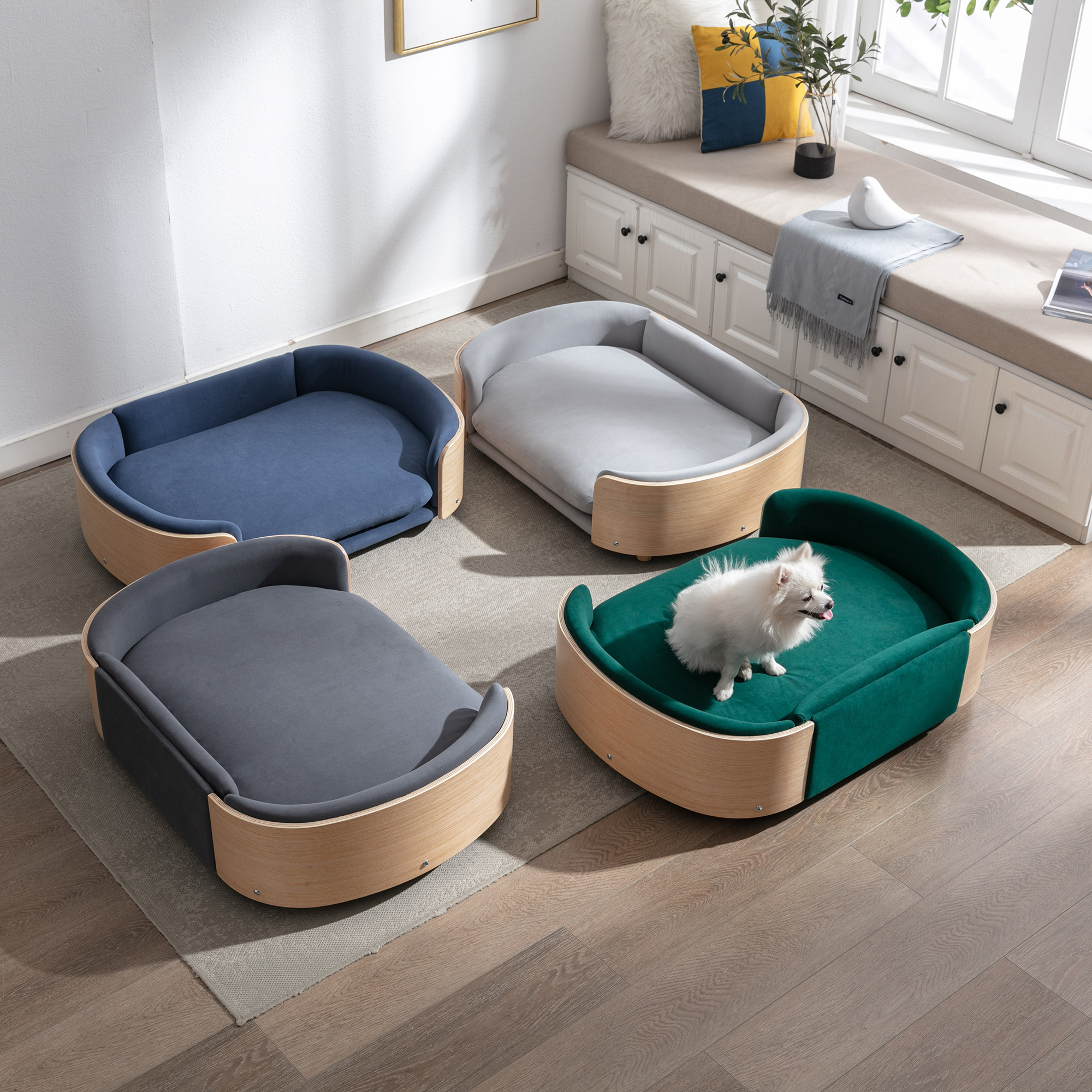 Scandinavian style Elevated Dog Bed Pet Sofa With Solid Wood legs and Bent Wood Back, Velvet Cushion, Large Size — image 12