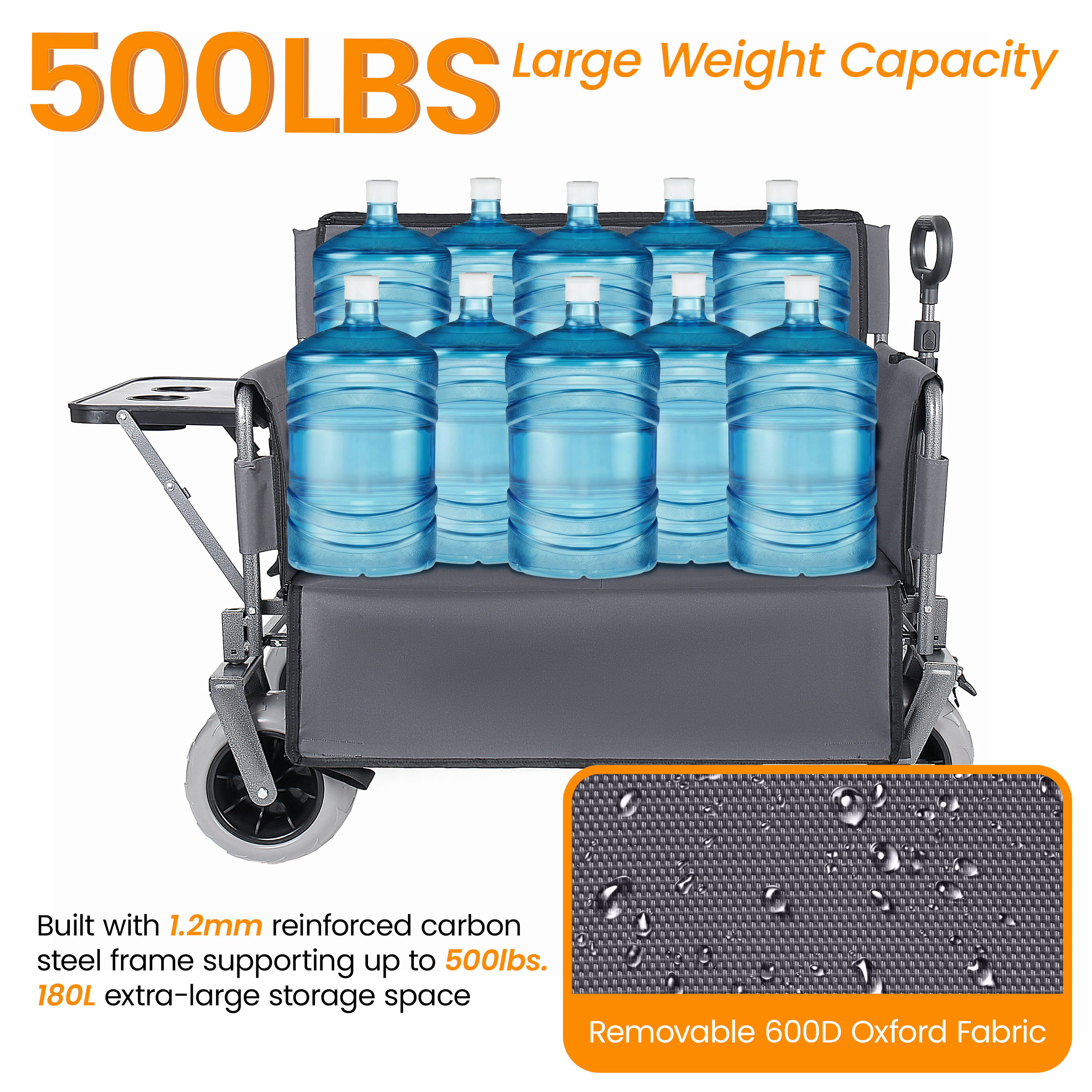 3- In- 1 Collapsible Wagon Converts To Bench Convertible Folding Wagon Cart With Rear- Mounted Folding Tabletop 500lbs Heavy- Duty 180L Capacity For Camping Beach Garden Fishing- Gray — imagen 2