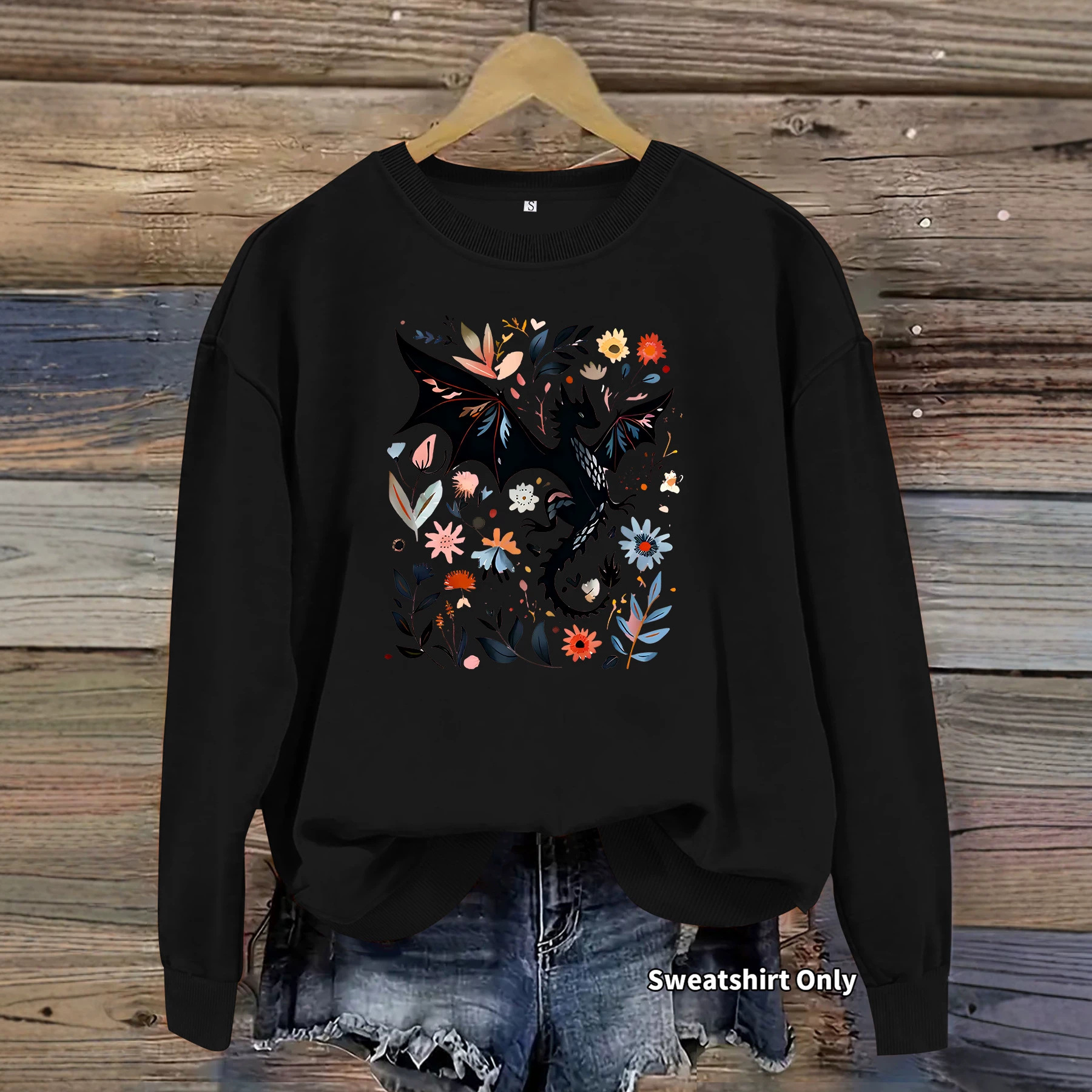 Dragon pattern and floral print round neck fleece hoodie — image 6