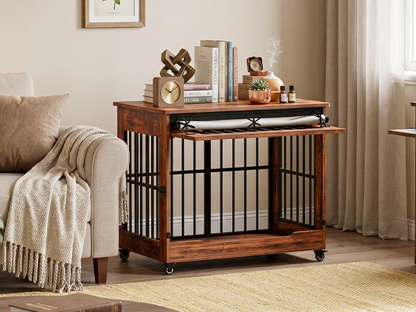 Dog Crate Furniture, Double Door Wooden Indoor Dog Kennel Furniture, Decorative Pet Cage End Table With Wheels For Large And Medium Breed Dogs, Size L, Greige — image 1