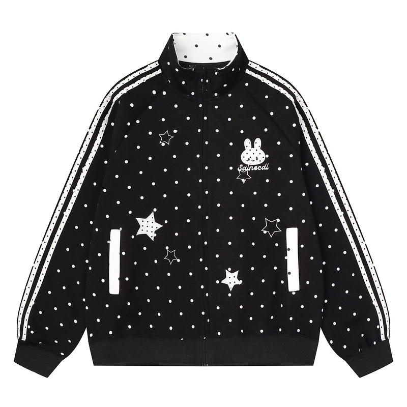 Cute rabbit embroidered sports jacket for women with polka dots and stars — image 5