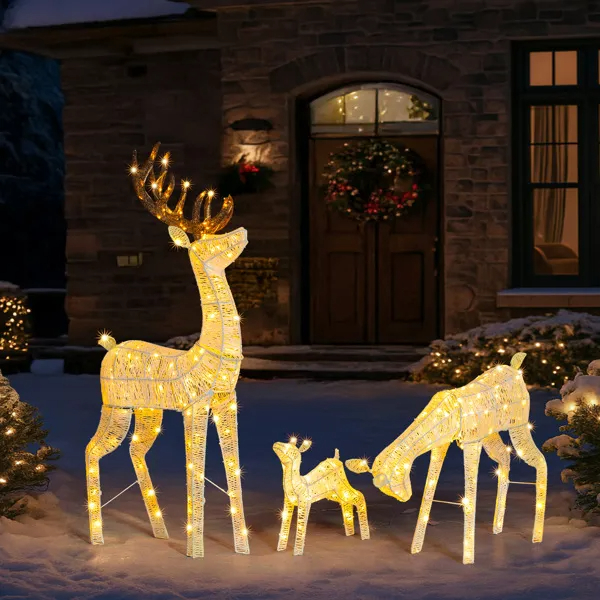 3-Piece Lighted Christmas Reindeer Family Set Outdoor Decorations, Weather Proof Deer Family Set Of 3 Christmas Ornament Home Decor Pre-lit 280 LED Warm White Lights, White — imagen 4