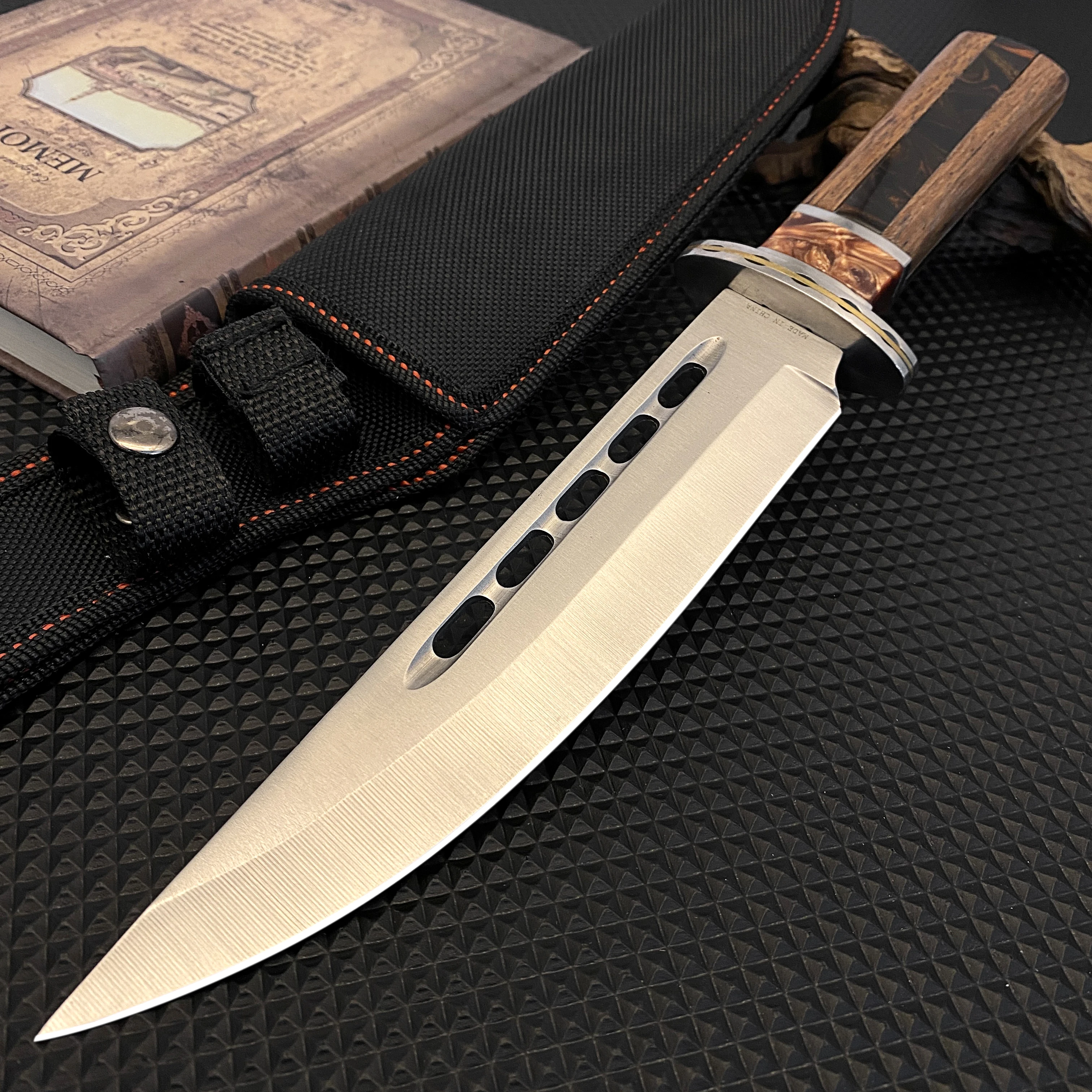 Outdoor tactical straight knife with wooden handle, featuring a nylon sheath—ideal for wilderness expeditions — image 1