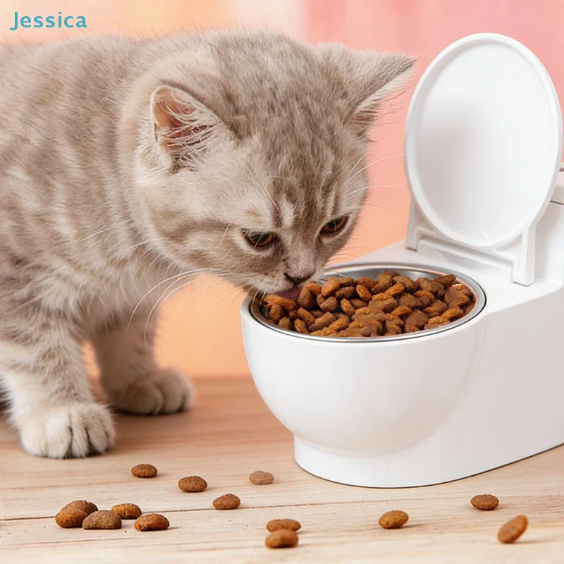 Creative Toilet Pet Bowl - Elevated Stainless Steel Feeder with Dust-Proof Lid for Cats & Small Dogs — image 1