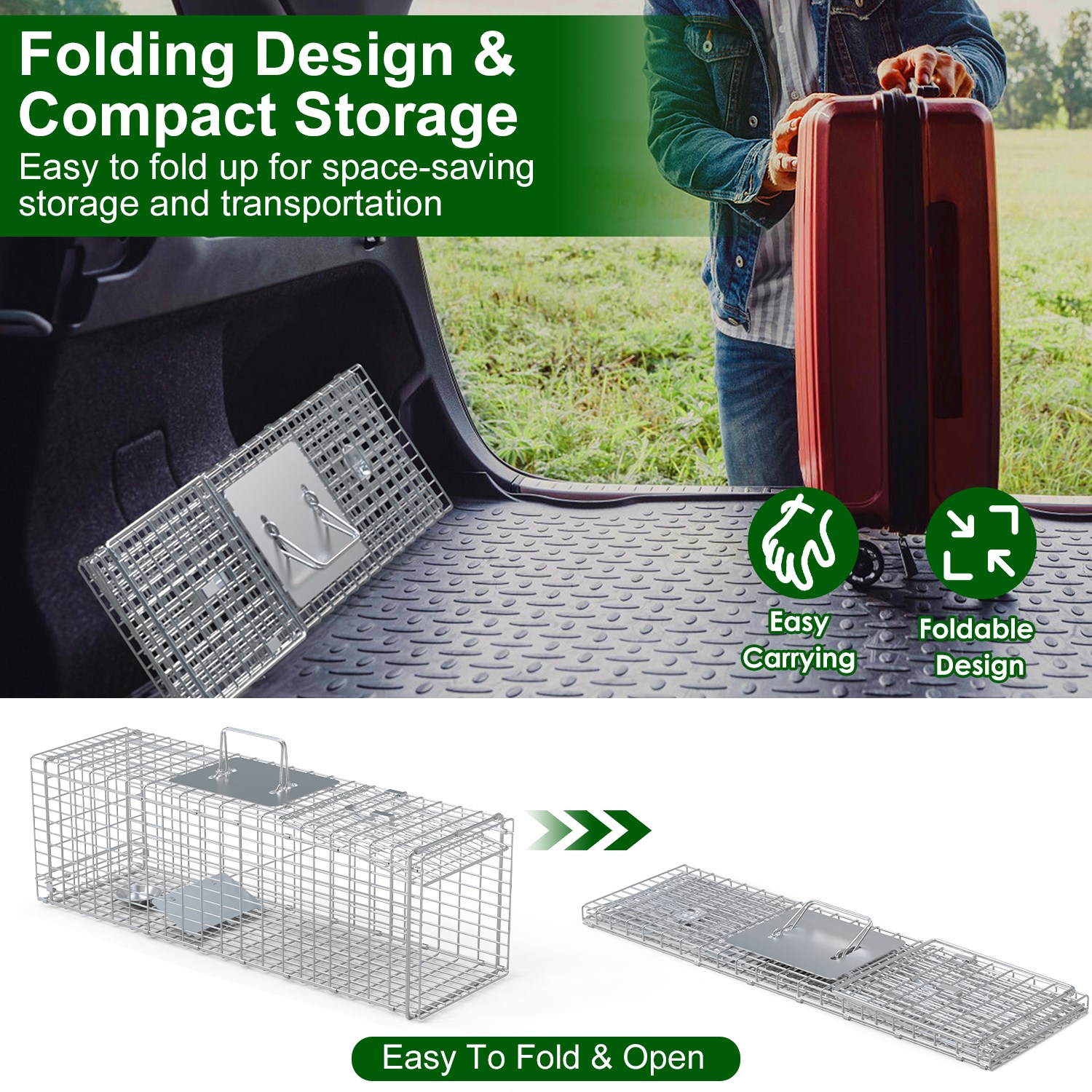 Caja de Trampa para Animales Vivos, Plegable y Humana para Conejos, Mapaches, Zorros, Ardillas, etc. (27.17x7.48x8.27 in) Acero Resistente para Primavera y Verano — imagen 3