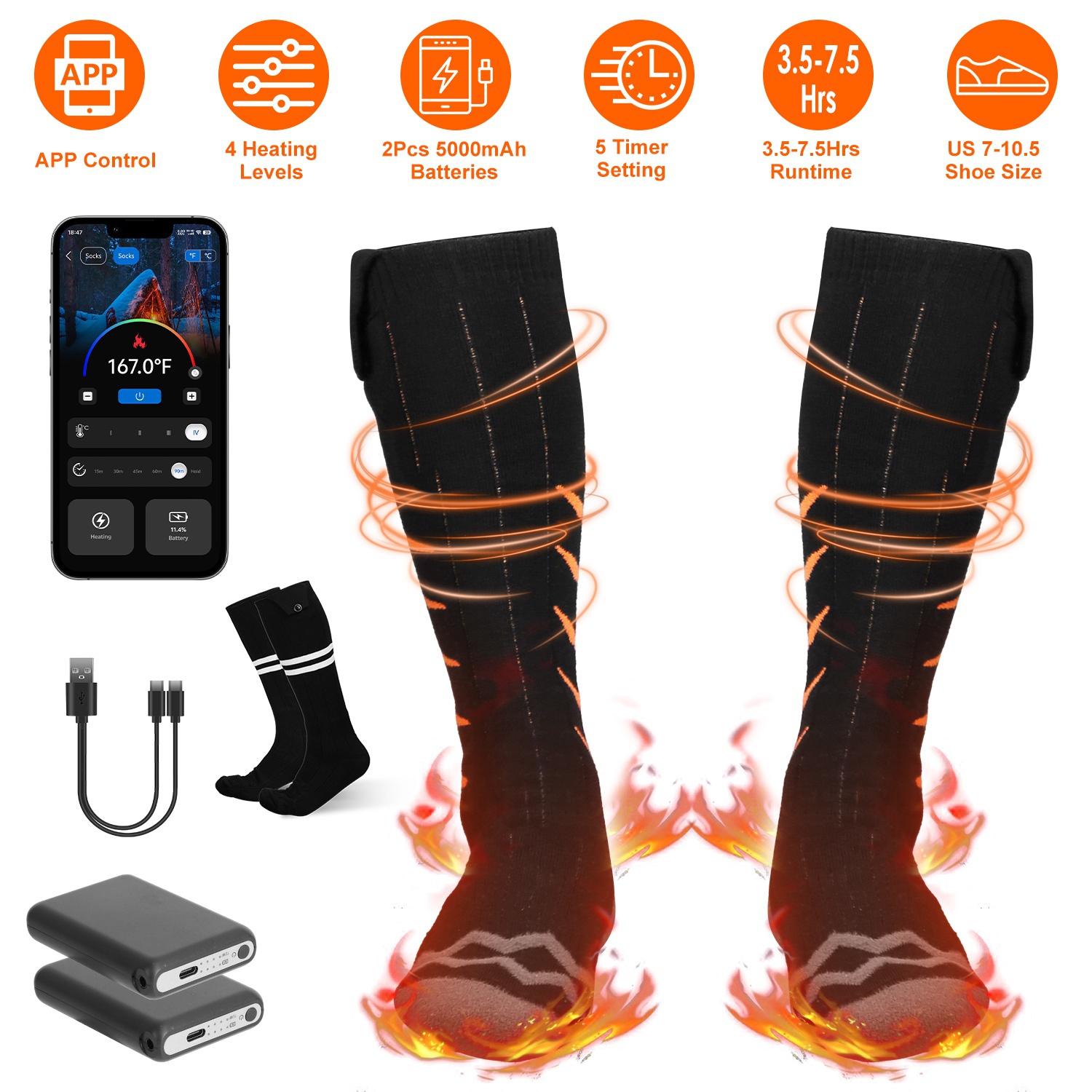 2 Opciones de Tipo - 1 Par de Calcetines Térmicos para Hombre y Mujer, Calcetines Eléctricos Calefactables con Control por APP, Batería Recargable de 5000mAh, Calcetines Térmicos de Invierno para Esquí, Senderismo, Camping y Caza — imagen 6