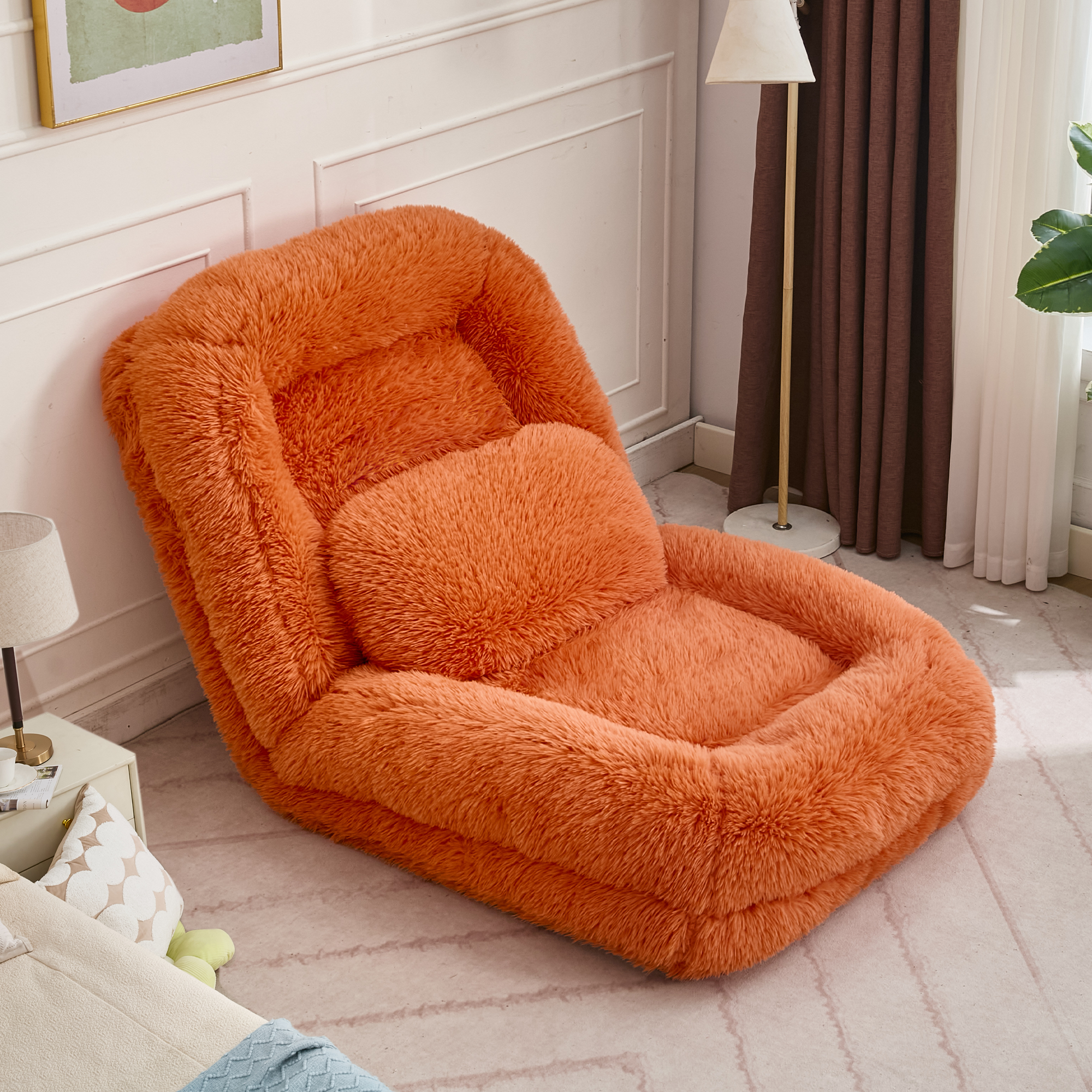 Human Dog Bed, Lazy Sofa, 5-Position Adjustable Convertible, Floor Gaming Chair, bedroom, living room, Suitable for gaming, meditation, relaxation, Plush Fabric, Orange — image 6