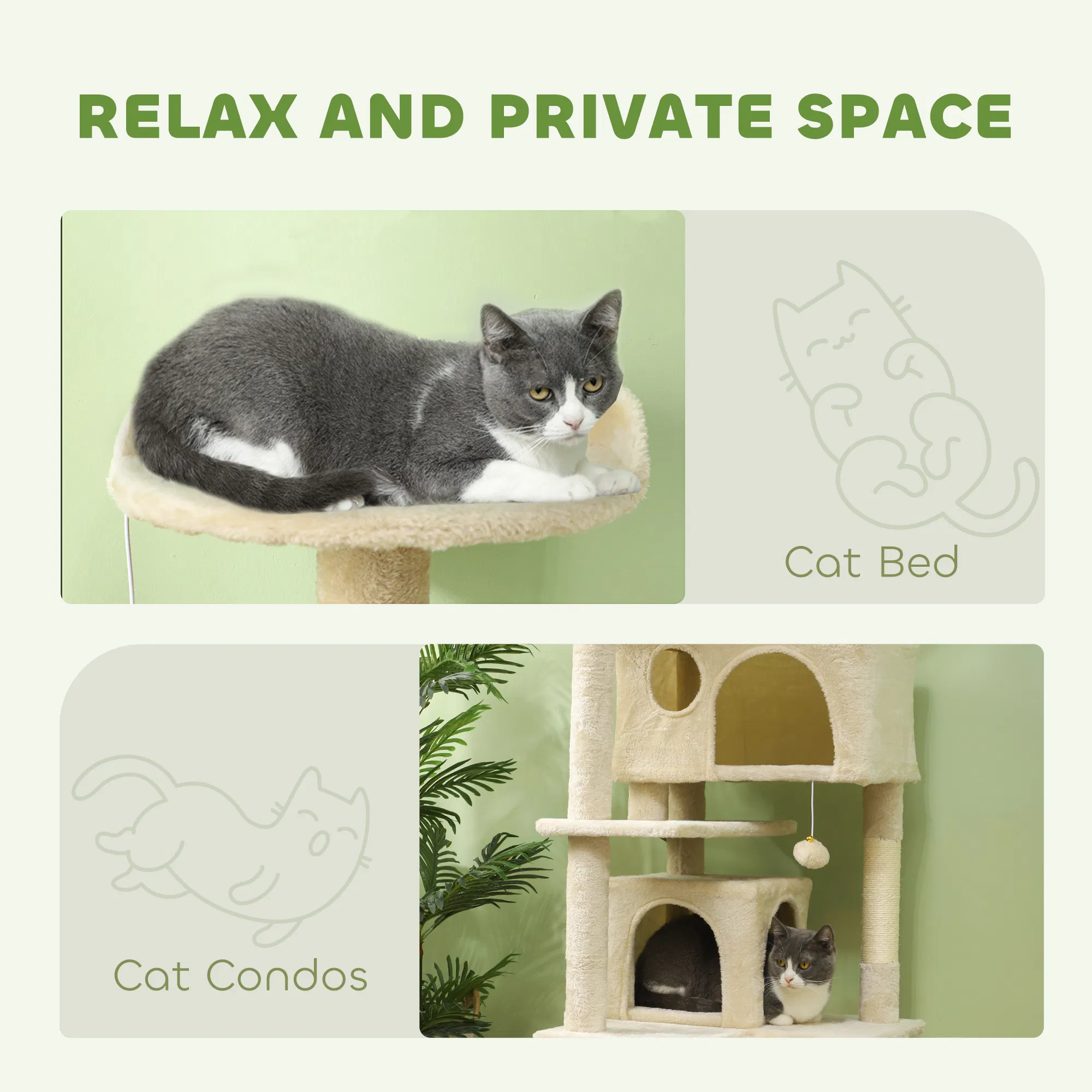 54" Cat Tree, Multi-Level Cat Tower with Scratching Posts, Cat Condos, Bed, Platforms, Ramp, Toy Ball, Beige — image 3