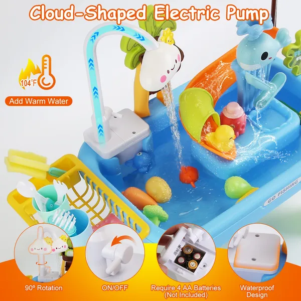 3 In 1 Kitchen Sink Toy With Electric Faucet Water Table Fishing Game Role Play Sink Set Indoor Outdoor For Kids Aged 3+ Years Old GPCT5464 — imagen 5