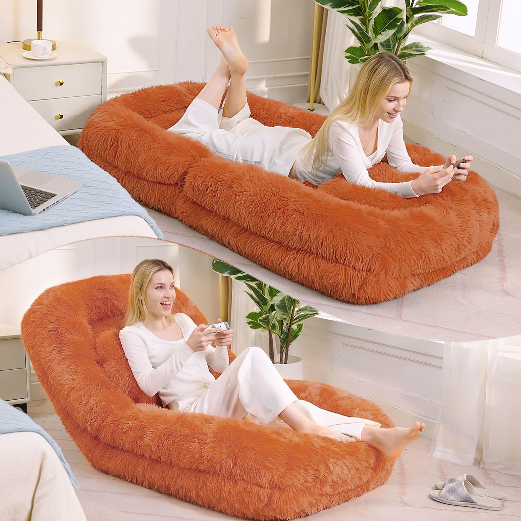 Human Dog Bed, Lazy Sofa, 5-Position Adjustable Convertible, Floor Gaming Chair, bedroom, living room, Suitable for gaming, meditation, relaxation, Plush Fabric, Orange — image 1