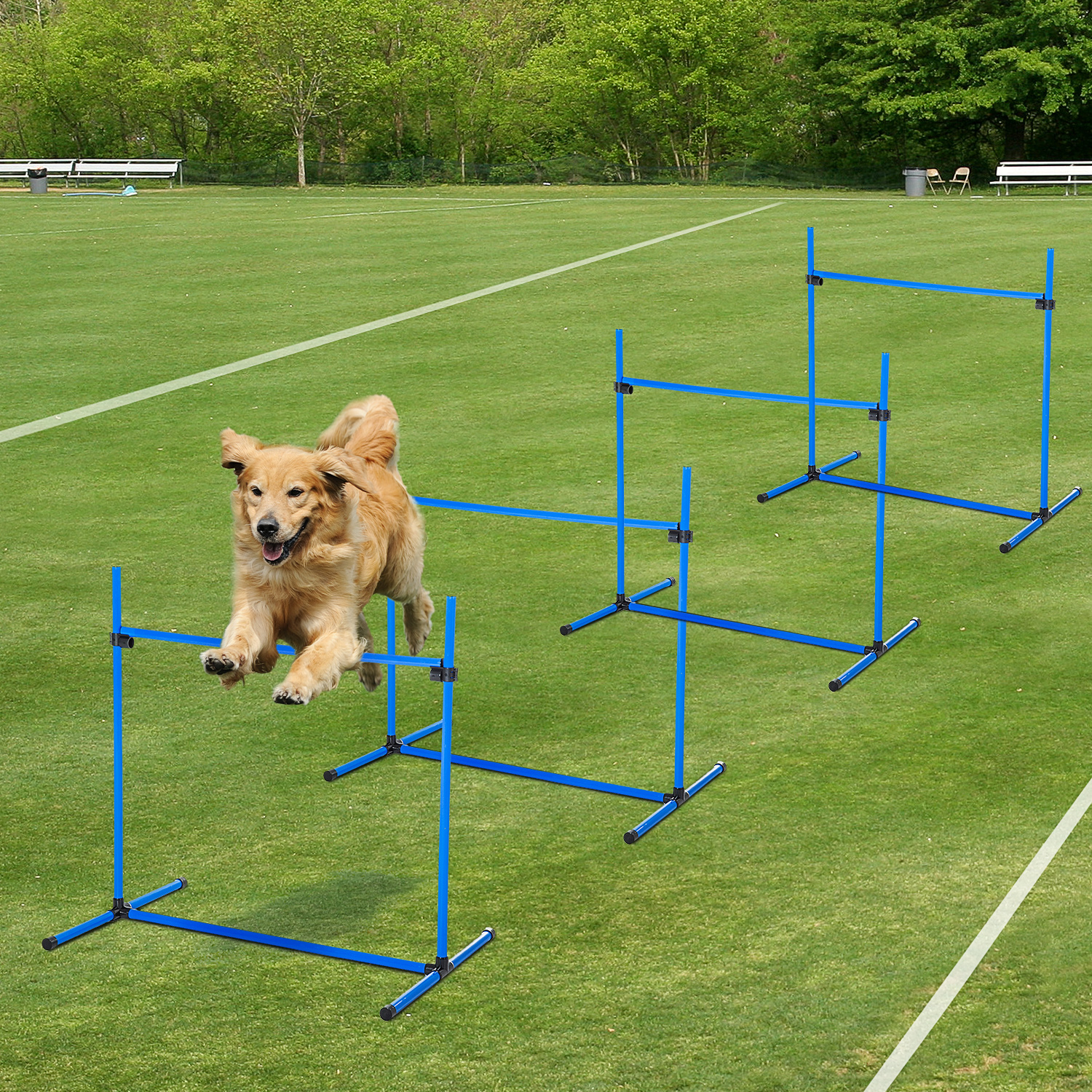 4 Piece Dog Agility Starter Kit with Adjustable Height Jump Bars, Included Carry Bag & Displacing Top Bar - Blue — image 1