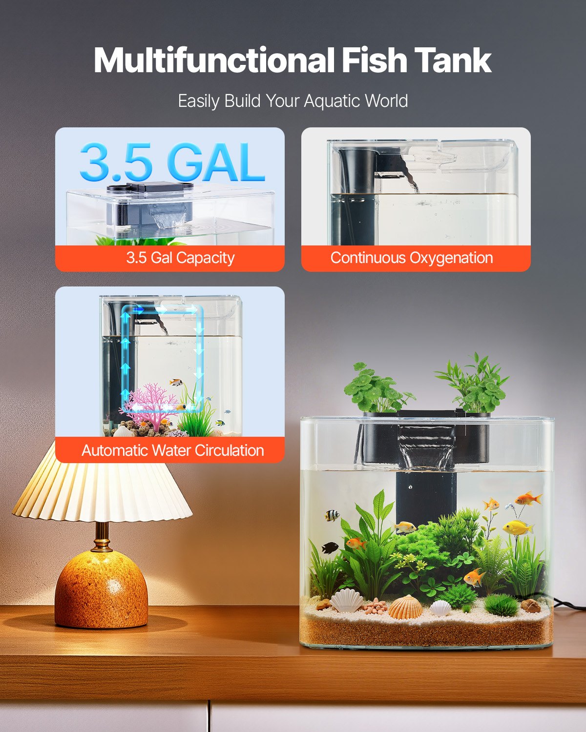 3.5 Gallon Fish Tank Aquarium Smart Arch Clear GPPS 3 Color Self Cleaning — imagen 2