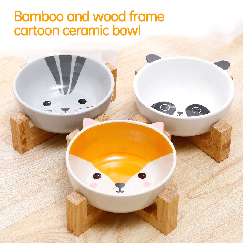 Double Ear Cartoon Ceramic Pet Bowl Bamboo Wooden Frame Matching Neck Bowl Dog Bowl Ceramic Cat Bowl — image 1