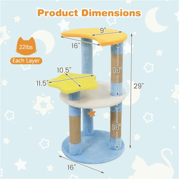 Árbol para Gatos con Luna y Estrella de 29" con 4 Niveles, Postes Rascadores de Yute y Dispositivo Antivuelco para Gatitos y Adultos - Azul — imagen 4