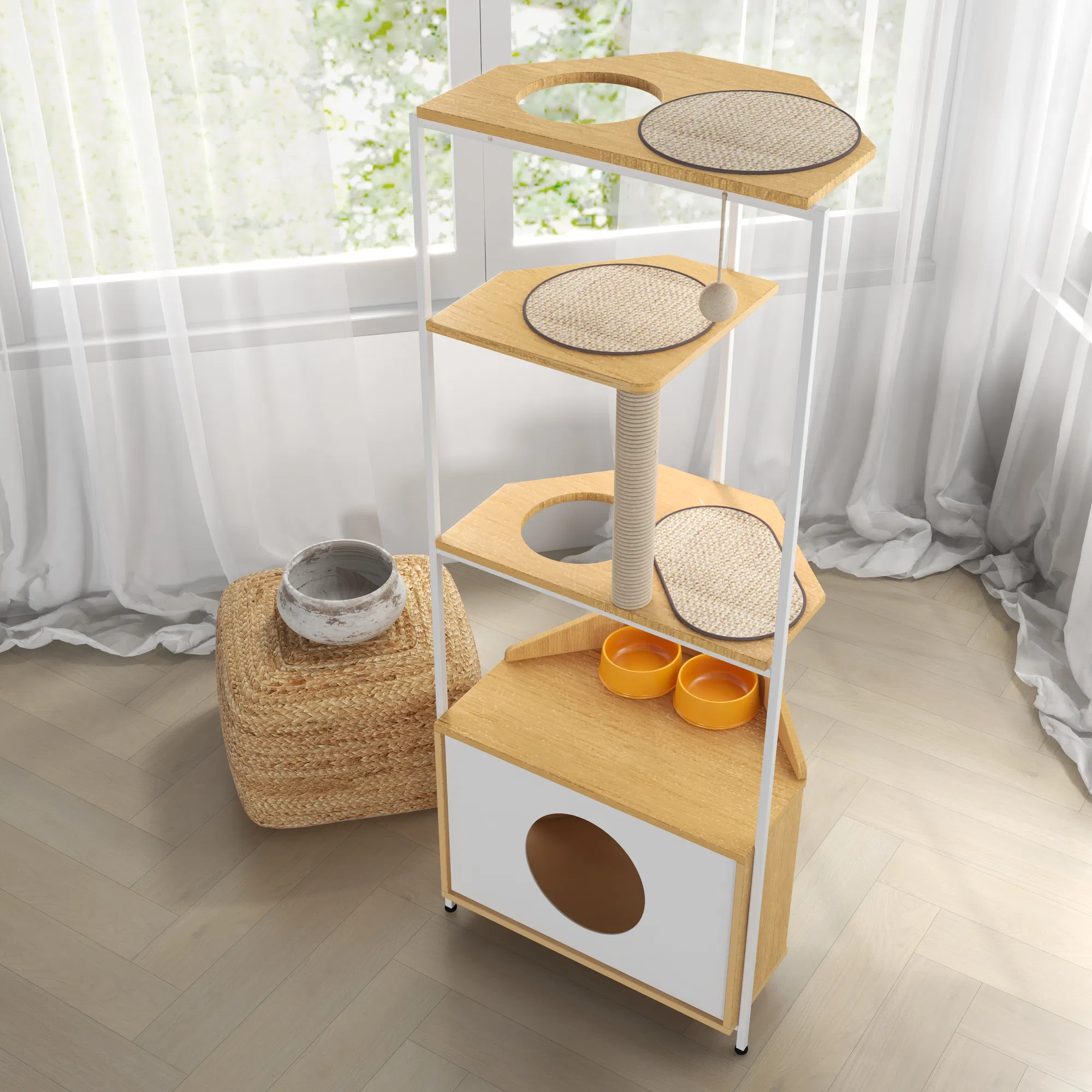 Corner Cat Tower, Cat Tree with Scratching Post, Cat Condo with Feeding Station and Climbing Platforms, Pet Furniture for Indoor Cats — image 8