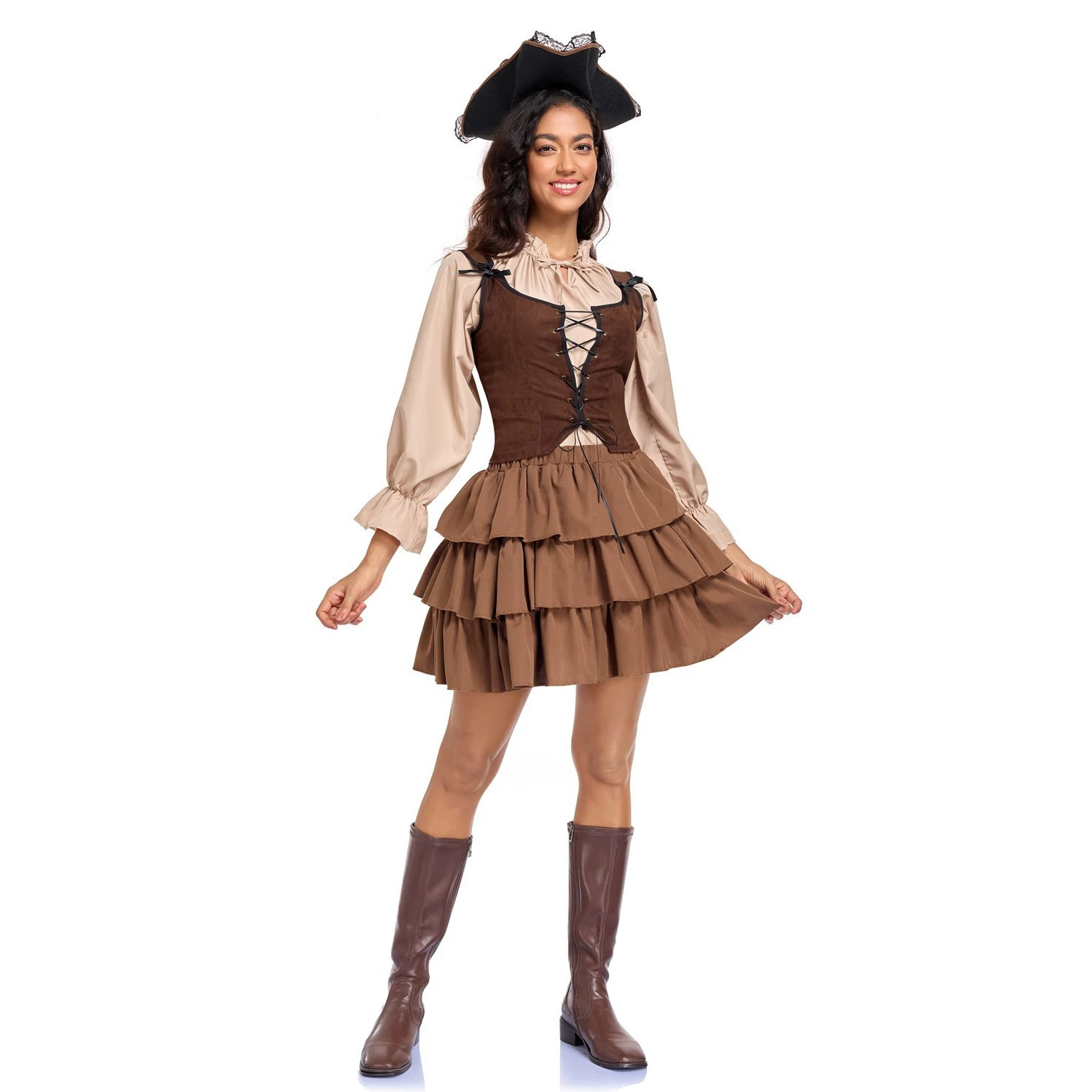 Halloween Vintage Caribbean Pirate Jack Sparrow Cosplay Costume Couple Stage Performance Outfit Set — image 3