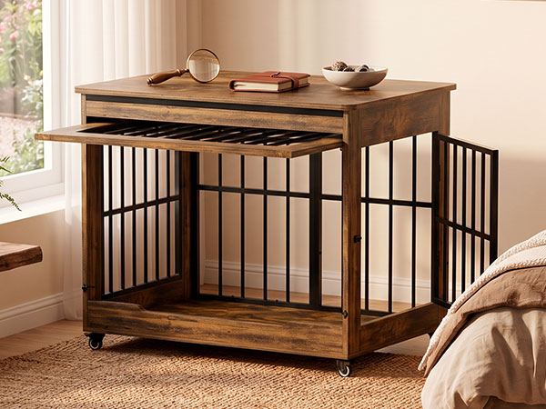 Large Dog Crate Furniture, Double Door Wooden Indoor Dog Kennel Furniture, Decorative Pet Cage End Table With Wheels For Extra Large Breed Dogs, Size 2XL, Greige — image 13