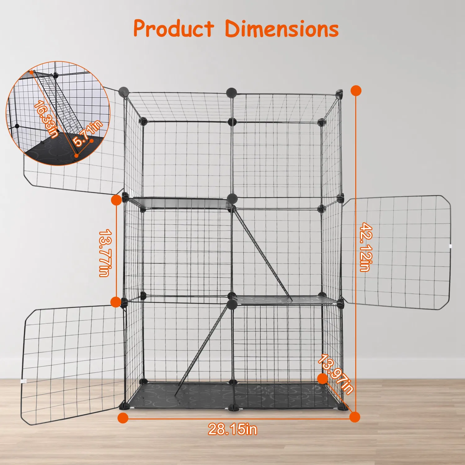 Cat Cage DIY Indoor Pet Home Small Animal House Detachable Playpen with 3 Doors 3 Tiers for Kitten Puppy Bunny Exercise. (Black, 28.15x13.97x42.12in) — image 8