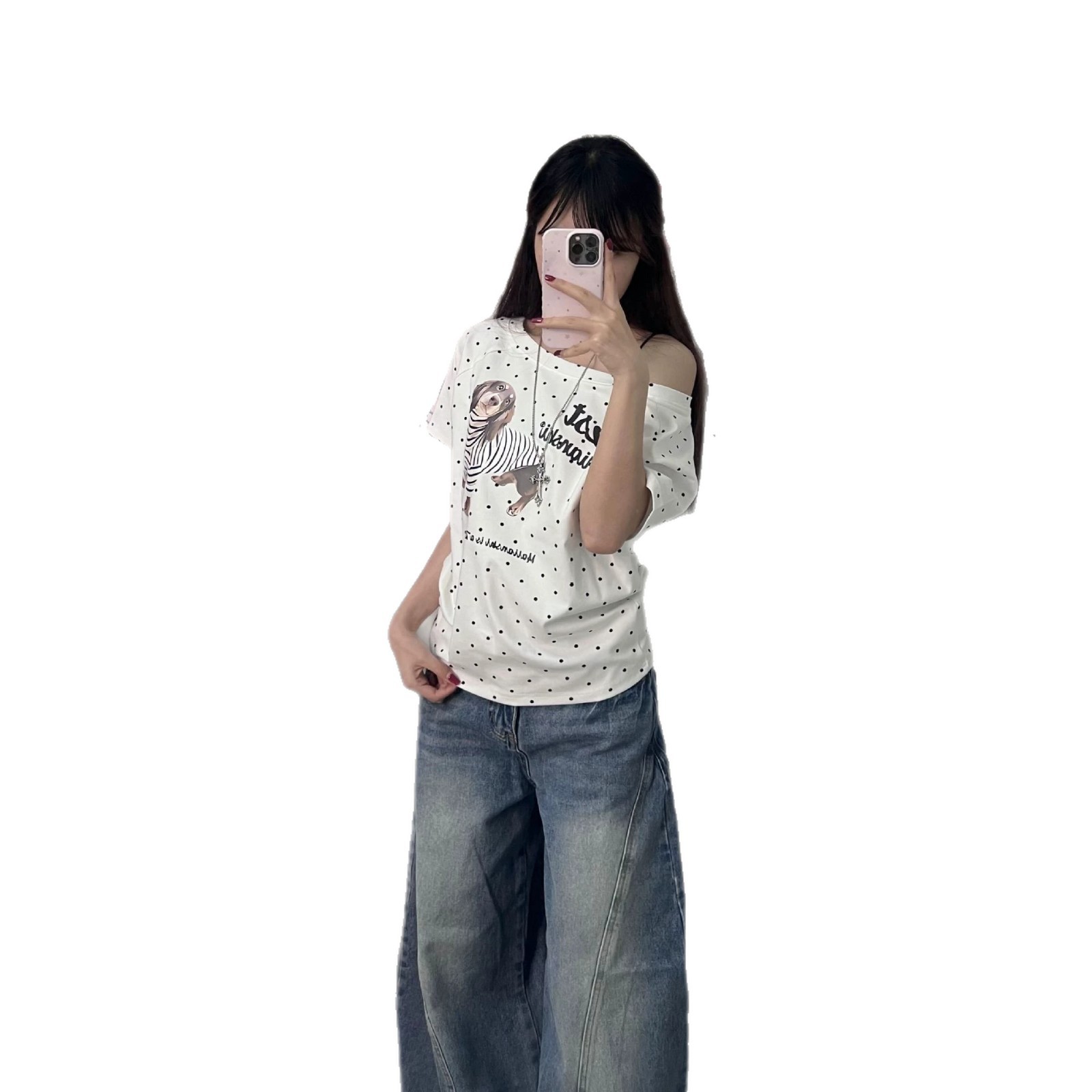 Camiseta de manga corta con estampado de puntos negros sobre fondo blanco en estilo coreano — imagen 1