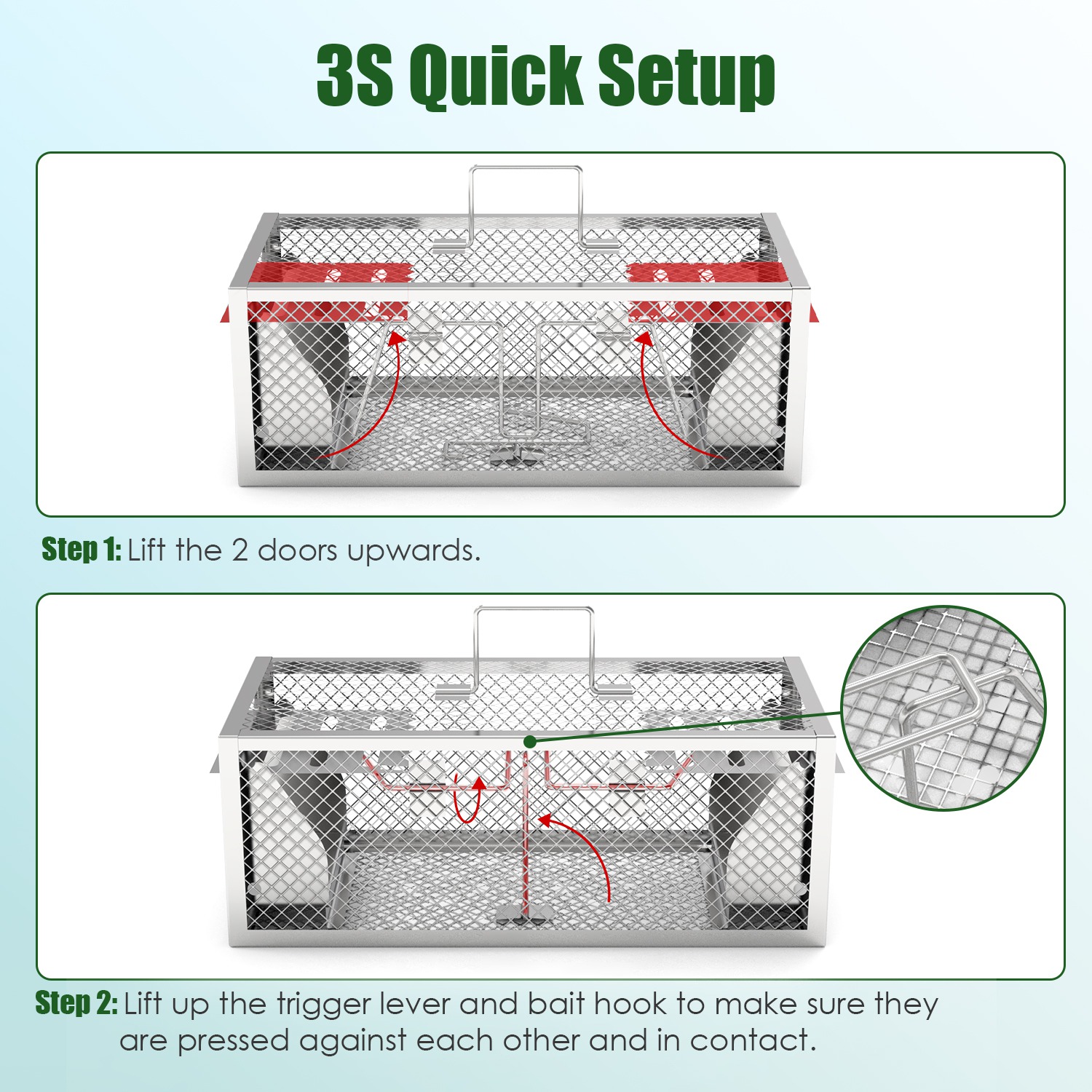 Paquete de 2 Trampas para Ratas Humanitarias de 2 Puertas 11.81x5.63x4.45In, Trampa para Ratones Automática y Continua, Reutilizable, de Hierro Galvanizado, Jaula para Animales Vivos — imagen 7