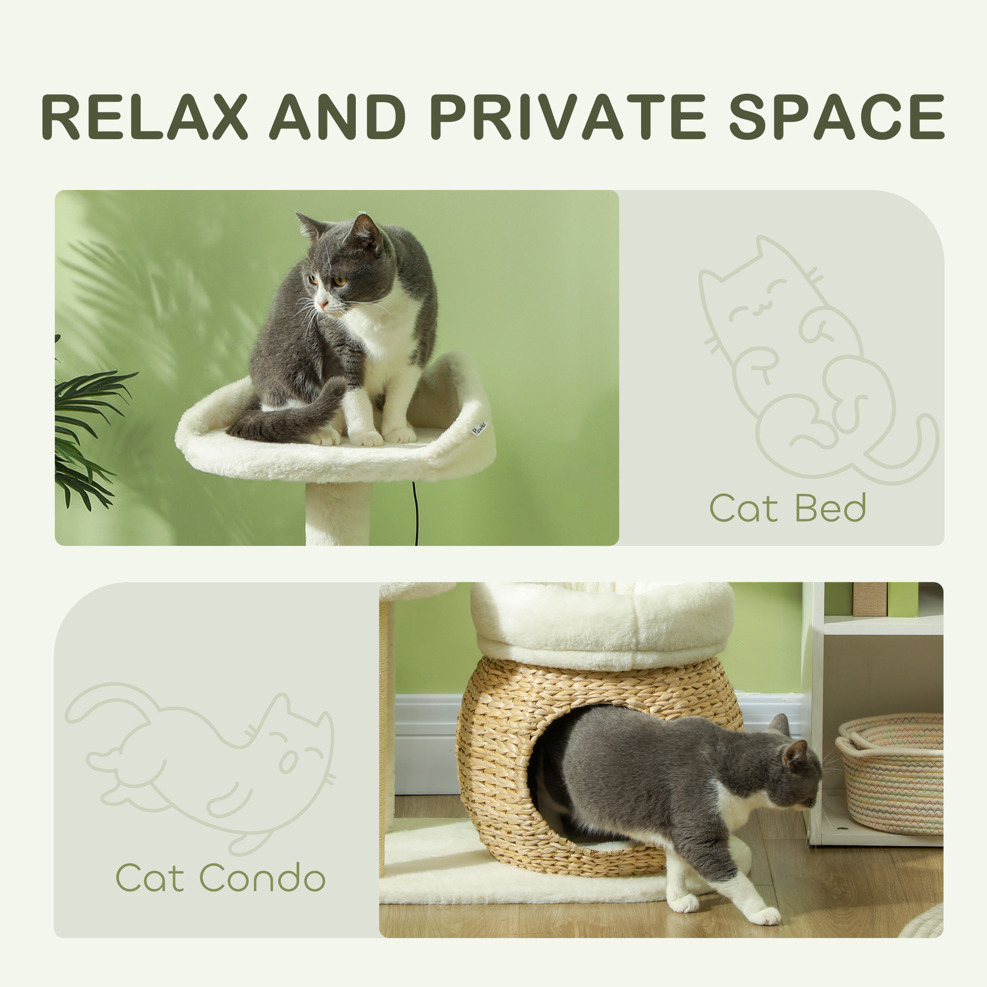 31" Cat Tree Tower with Scratching Posts, Cat Condo, Beds, Platform and Toy Ball for Indoor Cats, Cream White — image 3