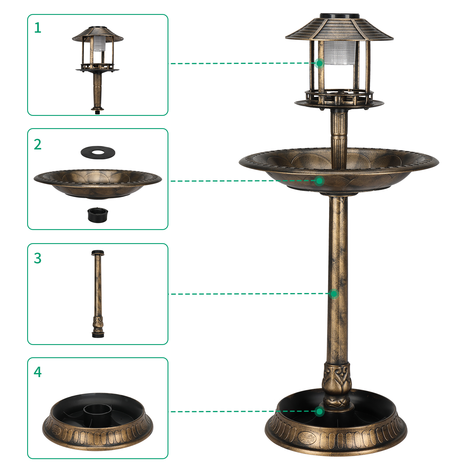 Bronze, With Solar Light, Bird Bath 51x51x106cm Plastic Round — image 3