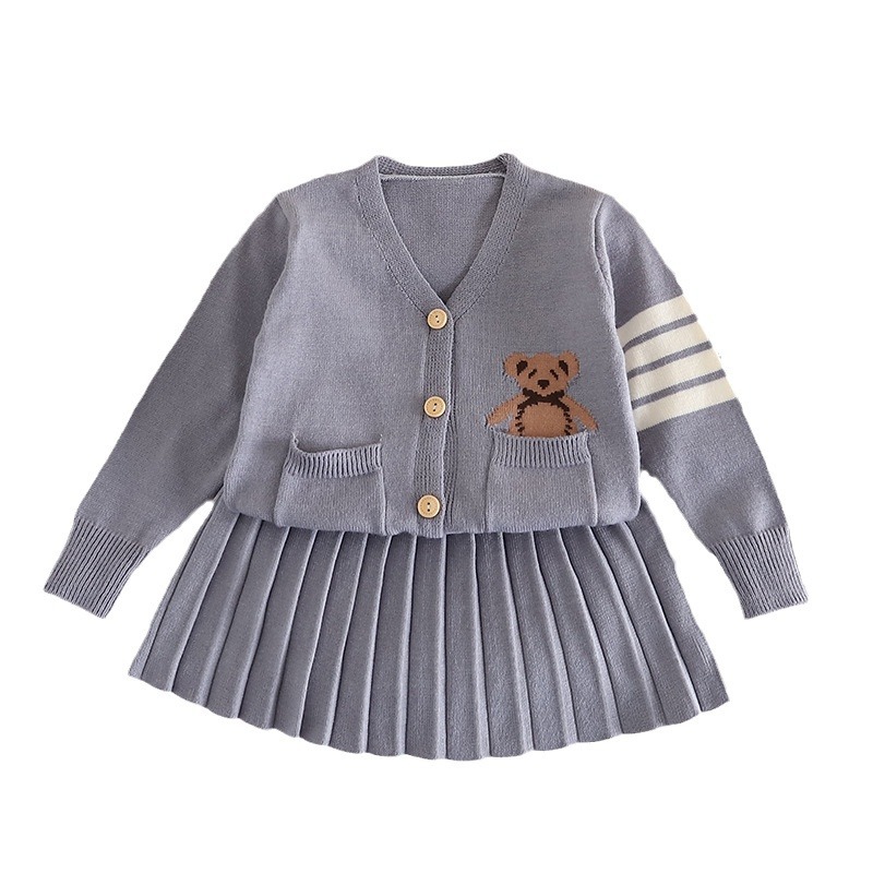 Girls' Spring Autumn Preppy 2-Piece Cardigan & amp; Skirt Set with Bear Print — image 2