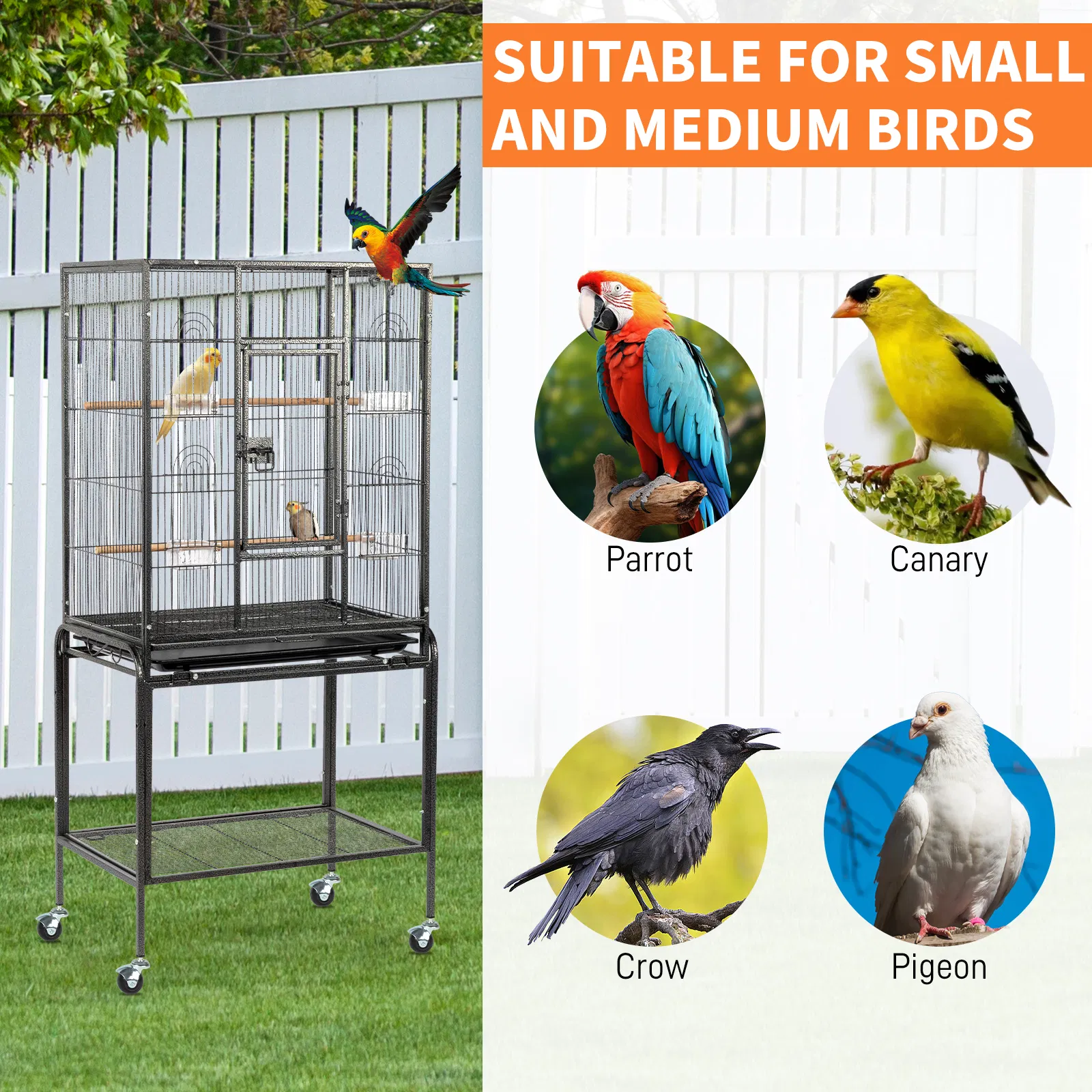 53" Large Flight Bird Cage with Rolling Stand & Storage Shelf for Parrots Lovebird Cockatiel Parakeets, Black — image 2