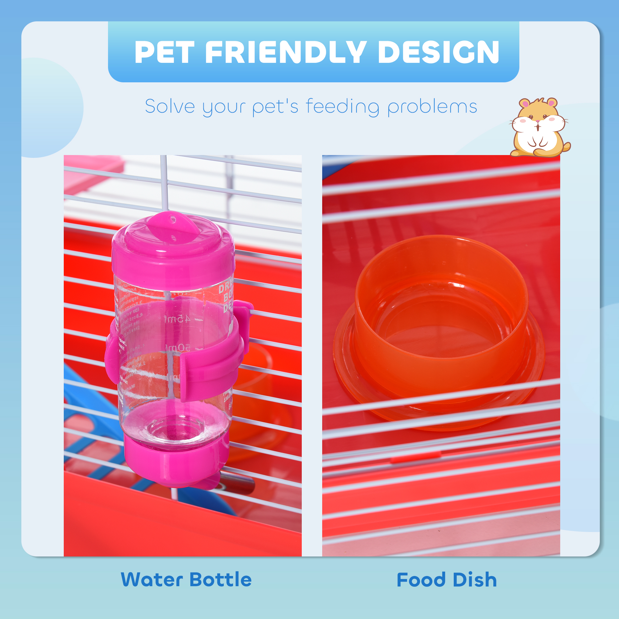 Caja para Hamsters de 46.7 cm con Rueda de Ejercicio y Botella de Agua, Plato, Casa para Ratones y Hábitat Diseño de 2 Plantas Rojo — imagen 7