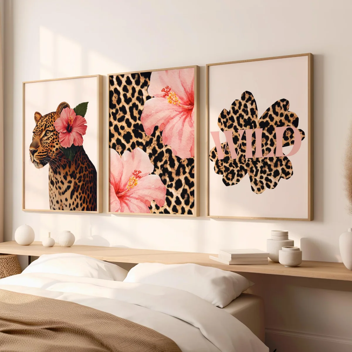 Póster en Lienzo Estilo Y2K de Leopardo, Flor de Hibisco y Guepardo Rosa, 1/3 Piezas, Arte Vintage Hawaiano Aloha con Estampado Animal, Decoración para el Hogar